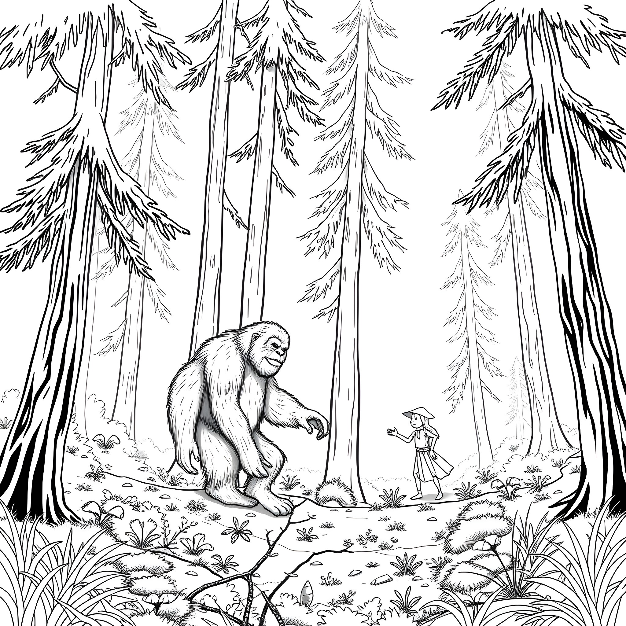 Bigfoot encounters a curious hiker in the misty forest Coloring Page (free black-and-white line drawing printable PDF for all, from beginners to advanced learners, including children, teens, adults, and seniors)