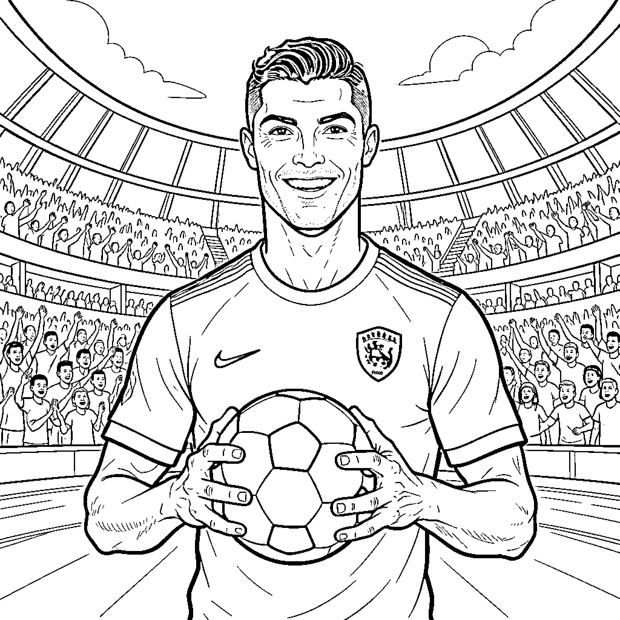 Cristiano Ronaldo in soccer stadium with fans Coloring Page (free black-and-white line drawing printable PDF for all, from beginners to advanced learners, including children, teens, adults, and seniors)