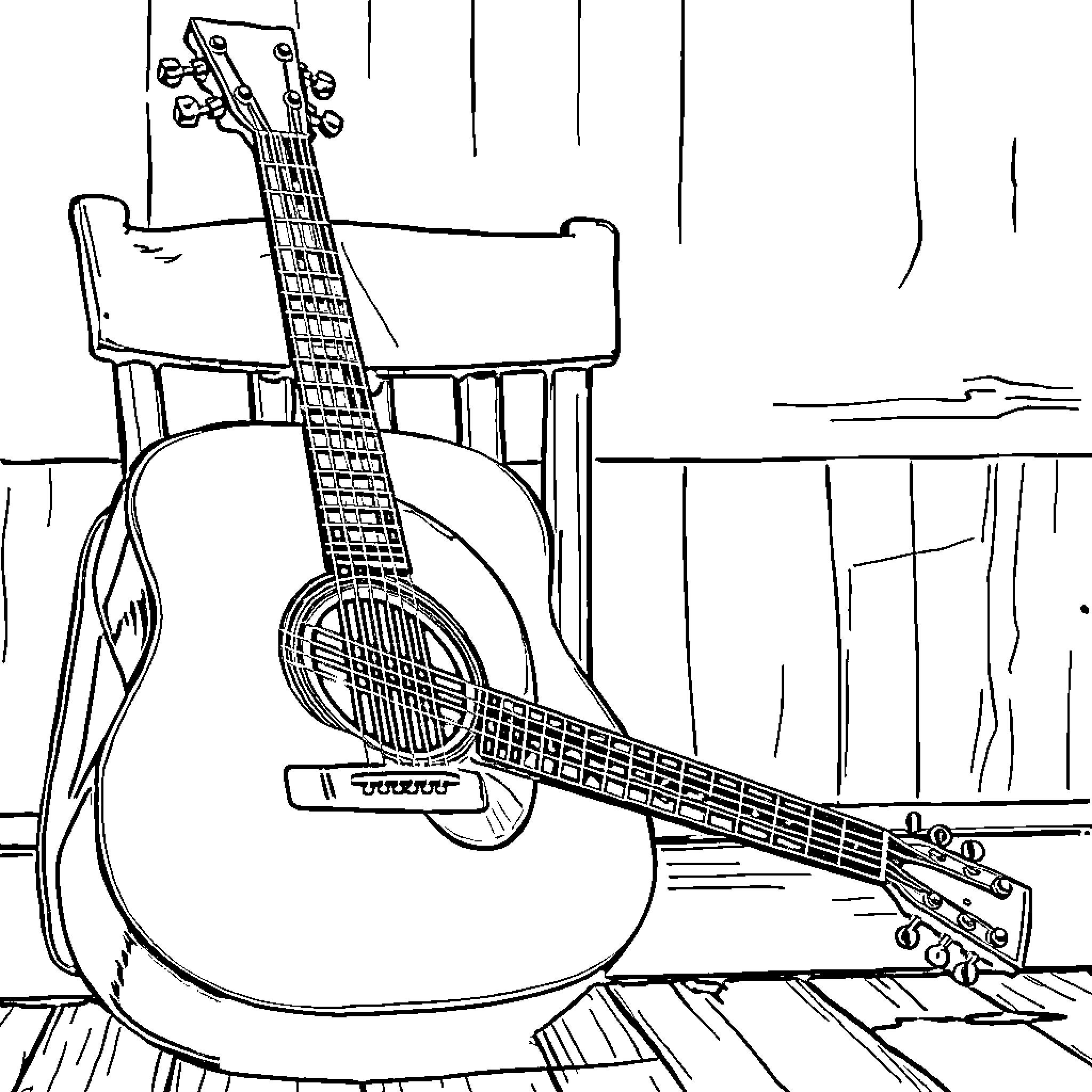 Guitar Serenade in the Cozy Corner Coloring Page (free black-and-white line drawing printable PDF for all, from beginners to advanced learners, including children, teens, adults, and seniors)