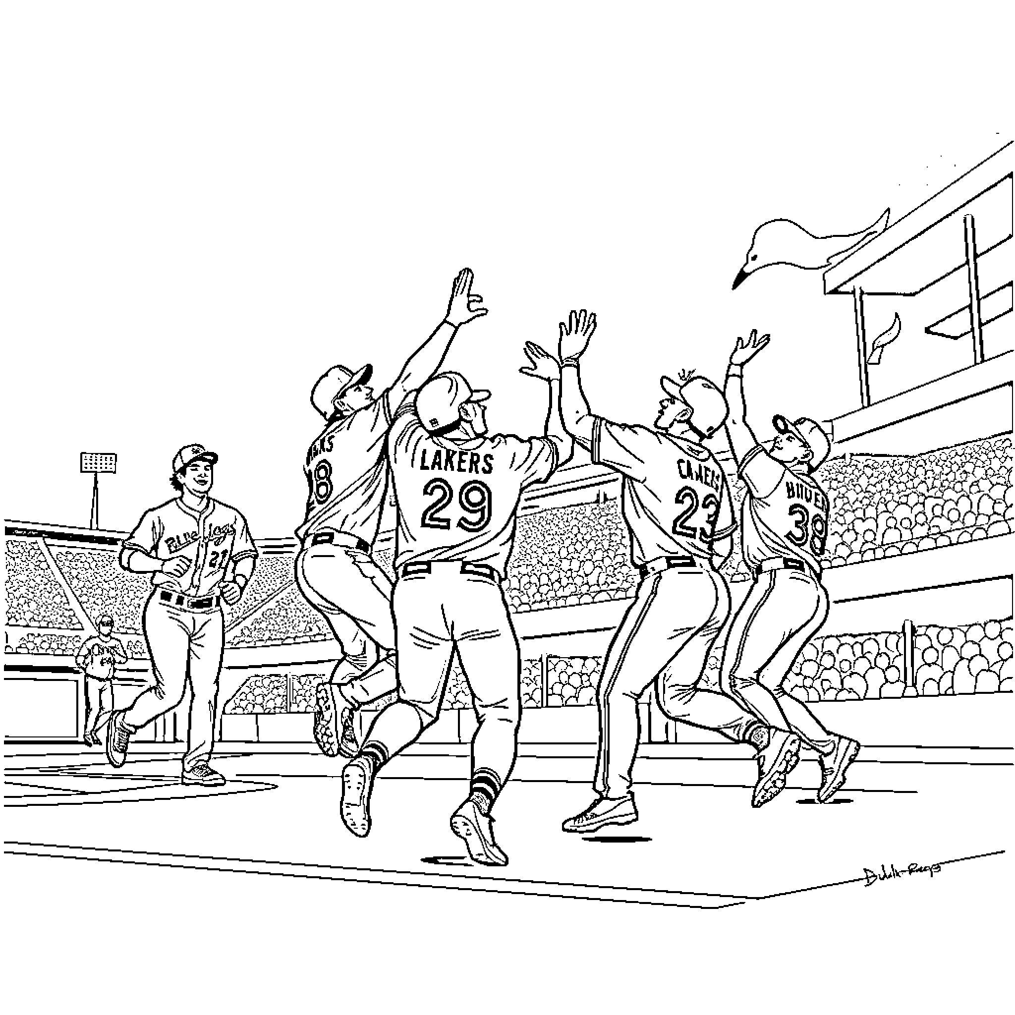 Blue Jay players celebrate victory on the court Coloring Page (free black-and-white line drawing printable PDF for all, from beginners to advanced learners, including children, teens, adults, and seniors)