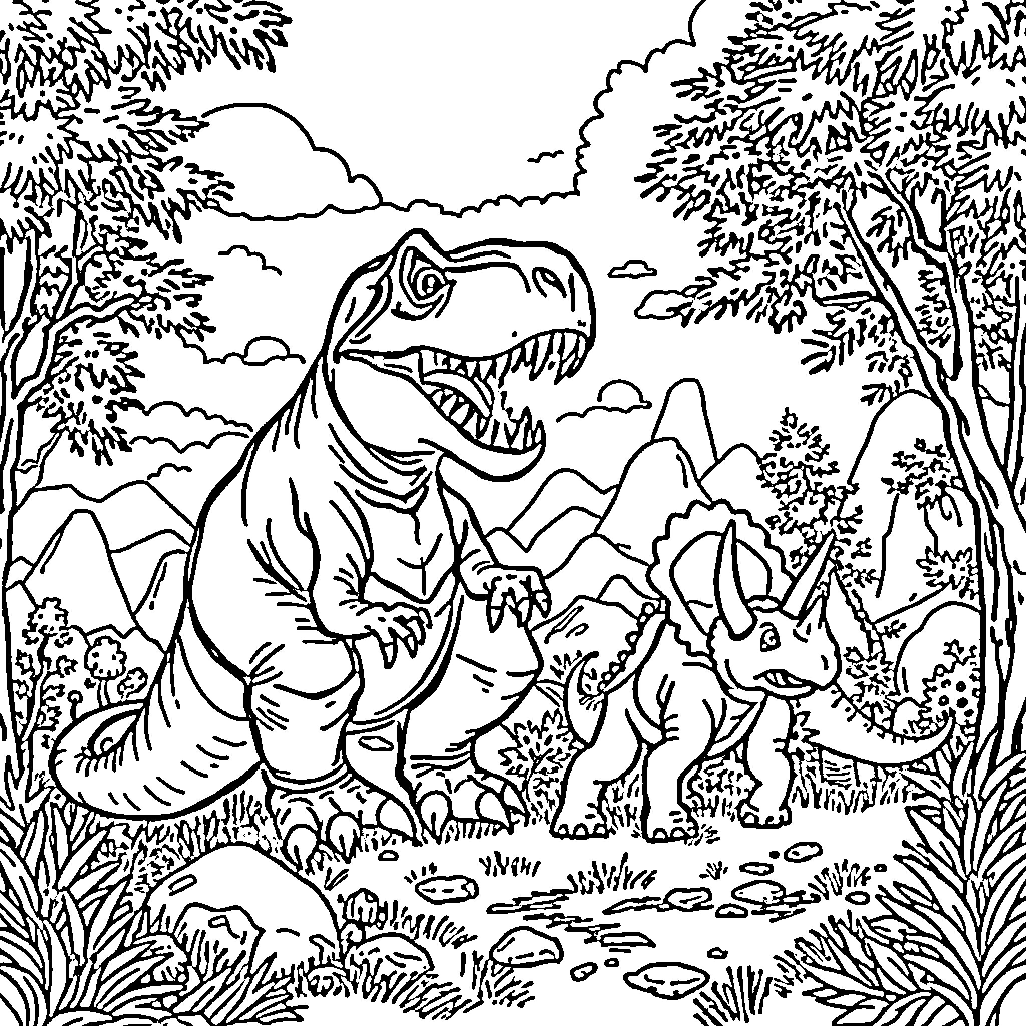 Tiranosaurio Rex among prehistoric creatures in the wild Coloring Page (free black-and-white line drawing printable PDF for all, from beginners to advanced learners, including children, teens, adults, and seniors)