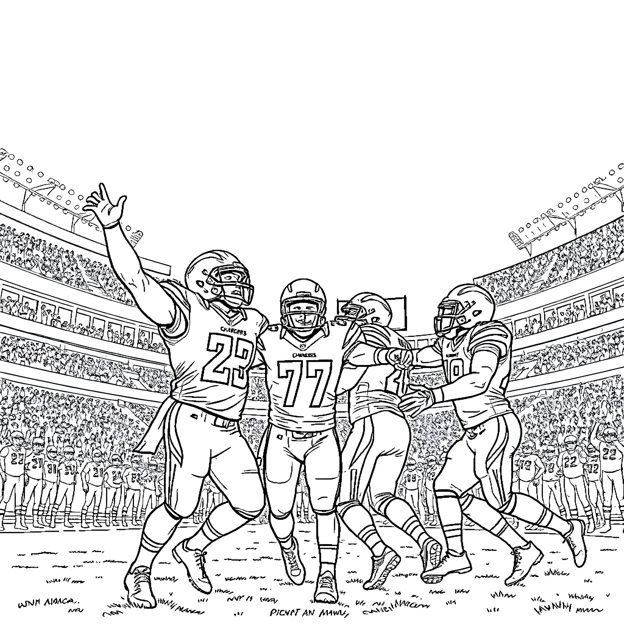 Los Angeles Chargers in an intense football game Coloring Page (free black-and-white line drawing printable PDF for all, from beginners to advanced learners, including children, teens, adults, and seniors)
