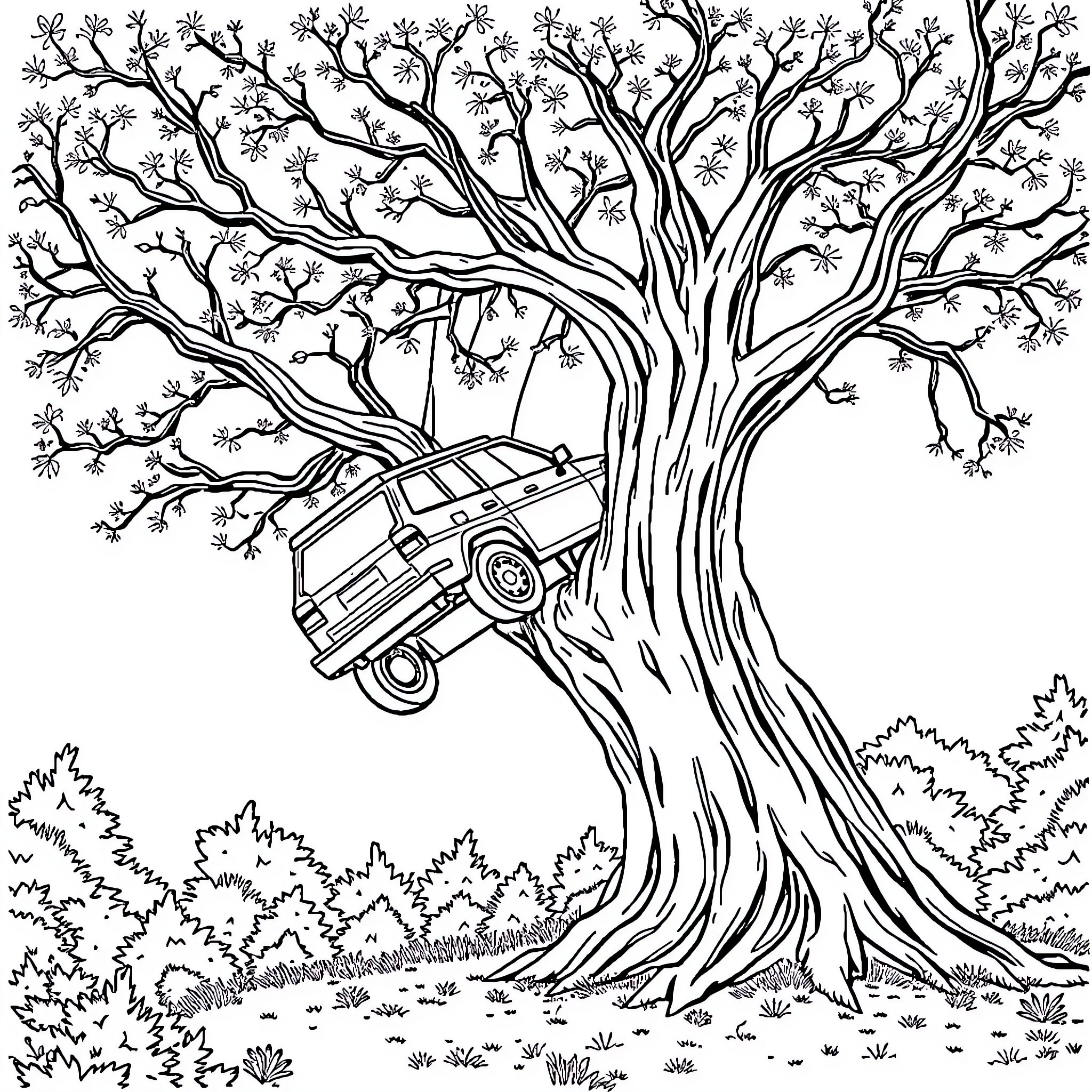 Car trapped in twisted, gnarled tree branches Coloring Page (free black-and-white line drawing printable PDF for all, from beginners to advanced learners, including children, teens, adults, and seniors)