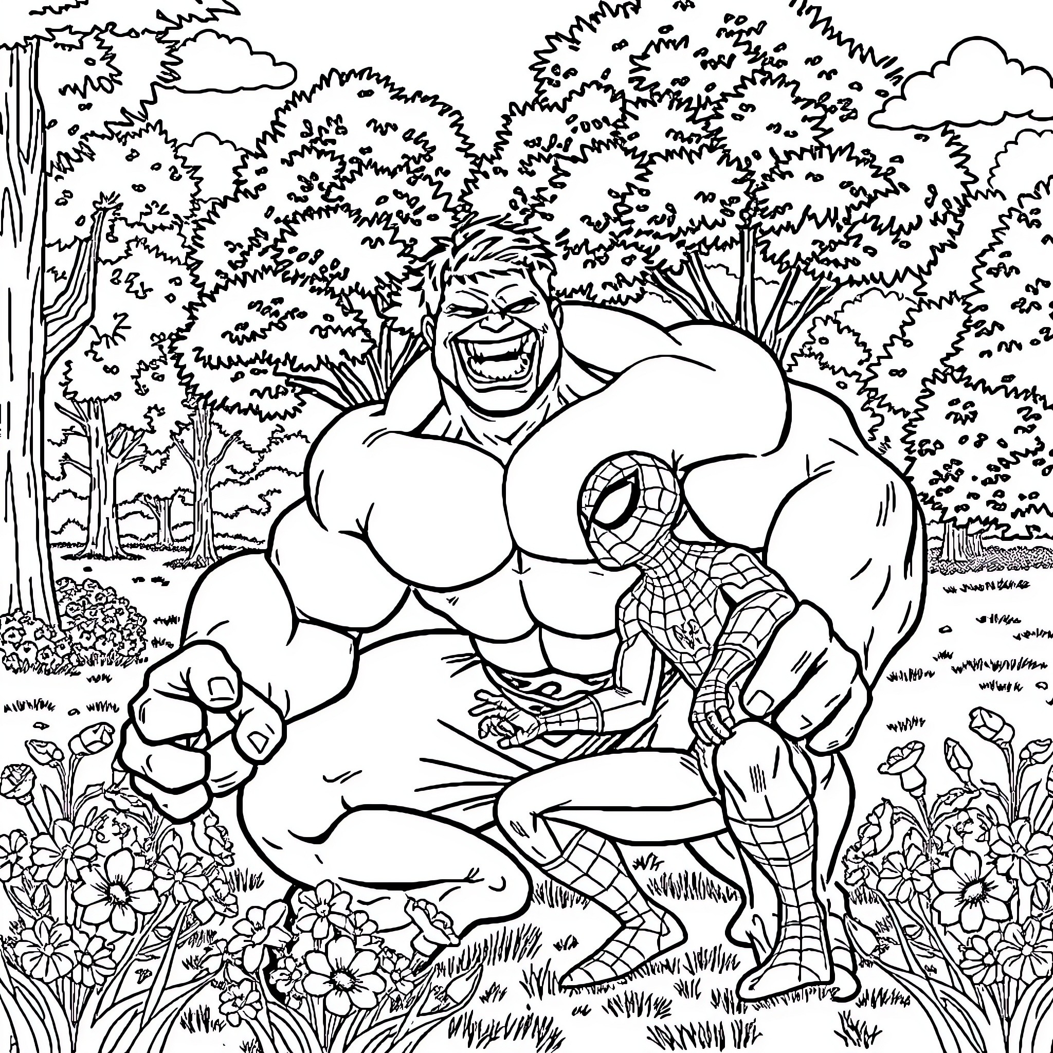 Hulk facing off against Spiderman in the wilderness Coloring Page (free black-and-white line drawing printable PDF for all, from beginners to advanced learners, including children, teens, adults, and seniors)