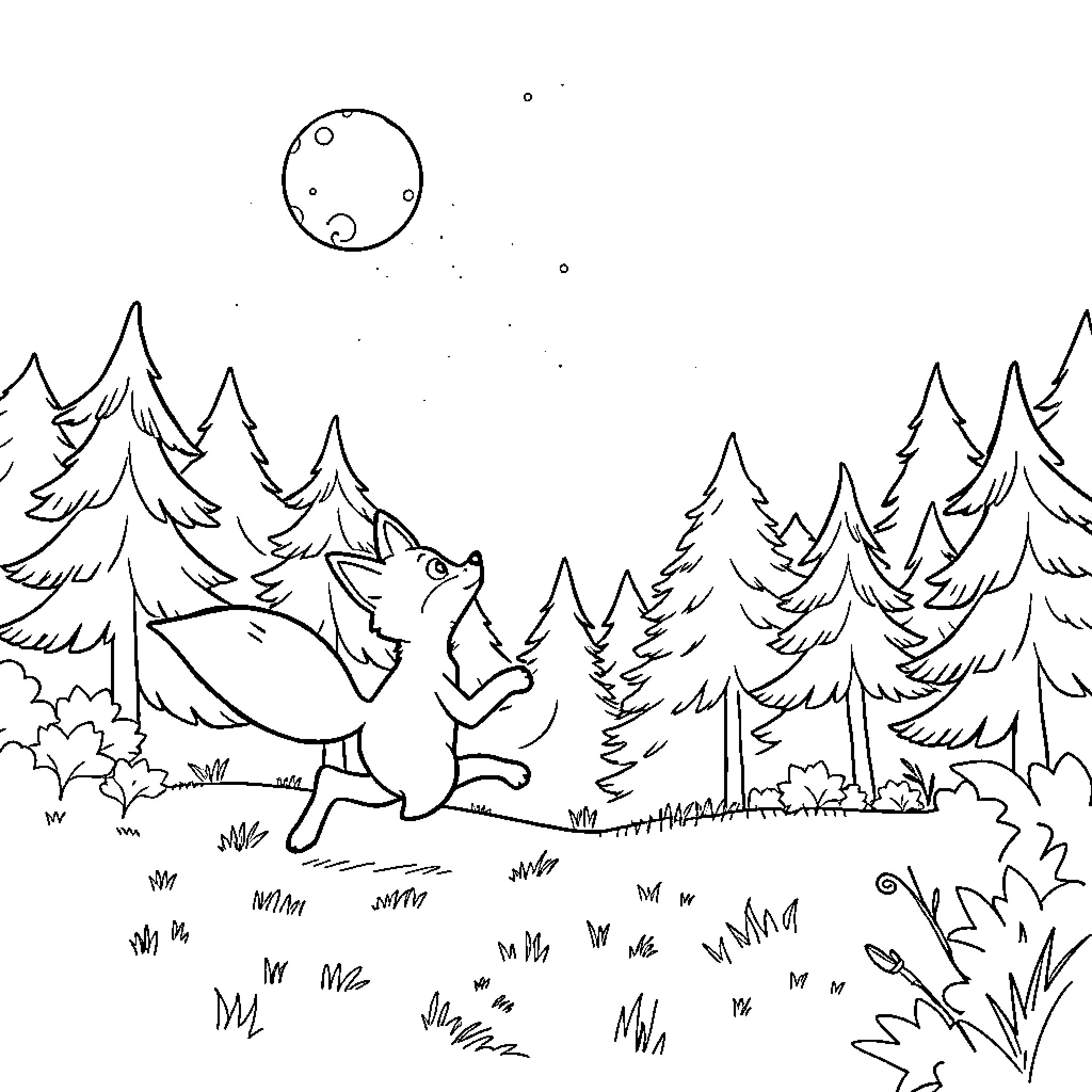 Fox running joyfully in the forest at night Coloring Page (free black-and-white line drawing printable PDF for all, from beginners to advanced learners, including children, teens, adults, and seniors)
