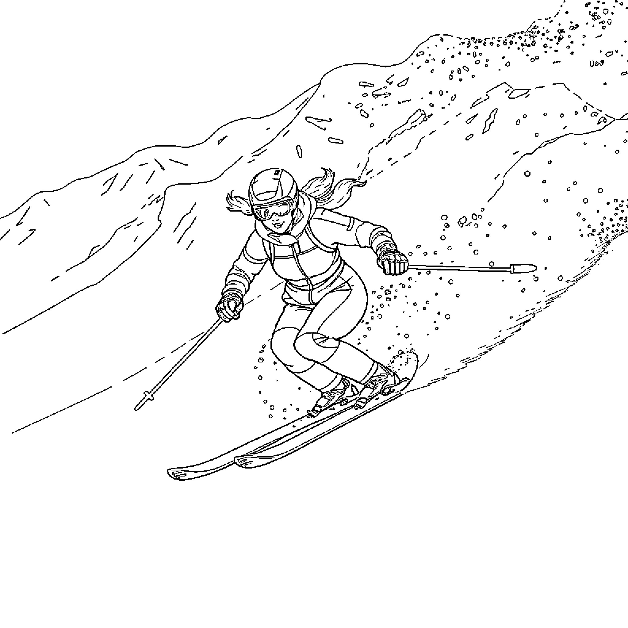 Lindsey Vonn skiing down the snowy slope Coloring Page (free black-and-white line drawing printable PDF for all, from beginners to advanced learners, including children, teens, adults, and seniors)