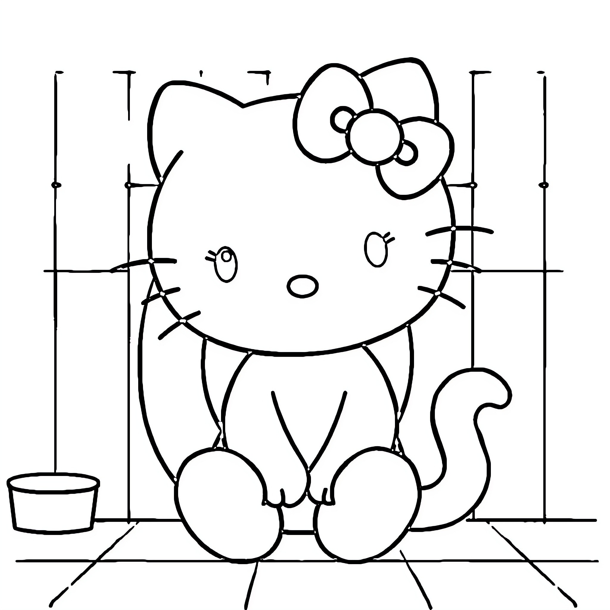 Hello Kitty sitting calmly in the room Coloring Page (free black-and-white line drawing printable PDF for all, from beginners to advanced learners, including children, teens, adults, and seniors)