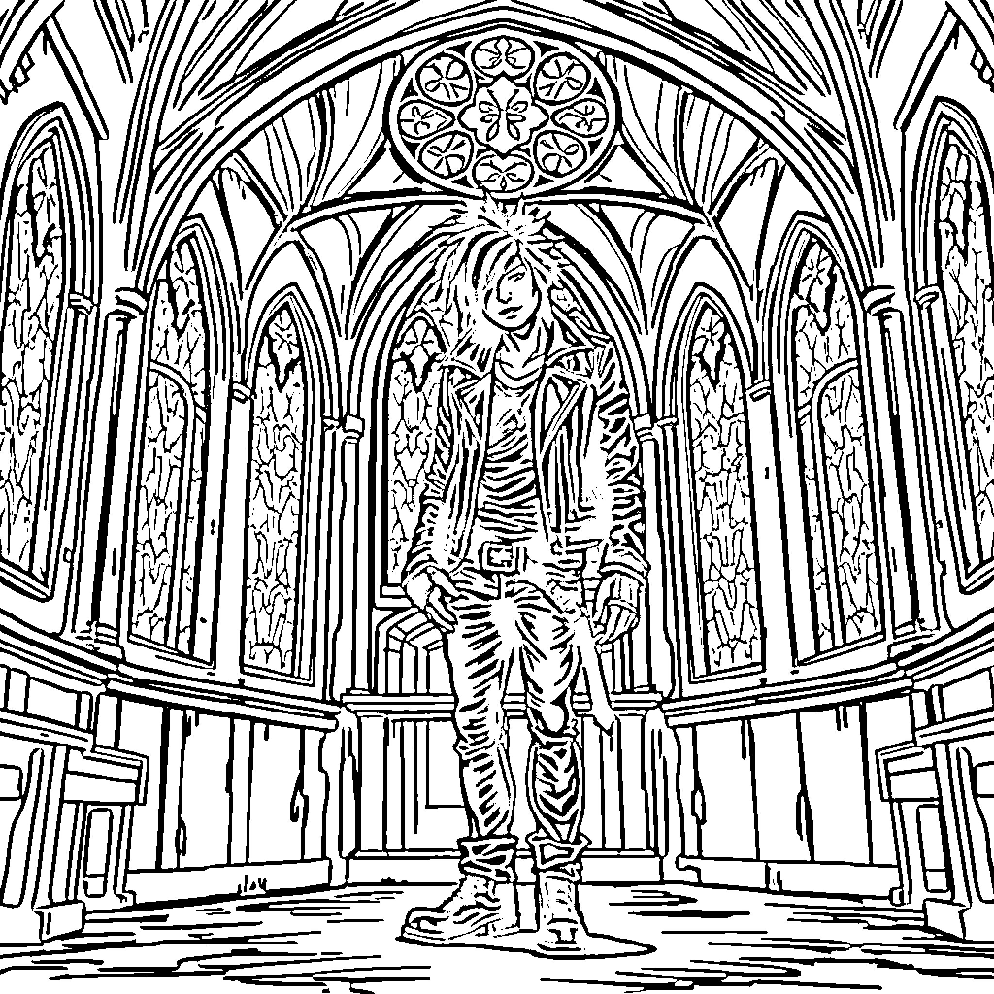 Punk Rocker in Ornate Gothic Cathedral Coloring Page (free black-and-white line drawing printable PDF for all, from beginners to advanced learners, including children, teens, adults, and seniors)