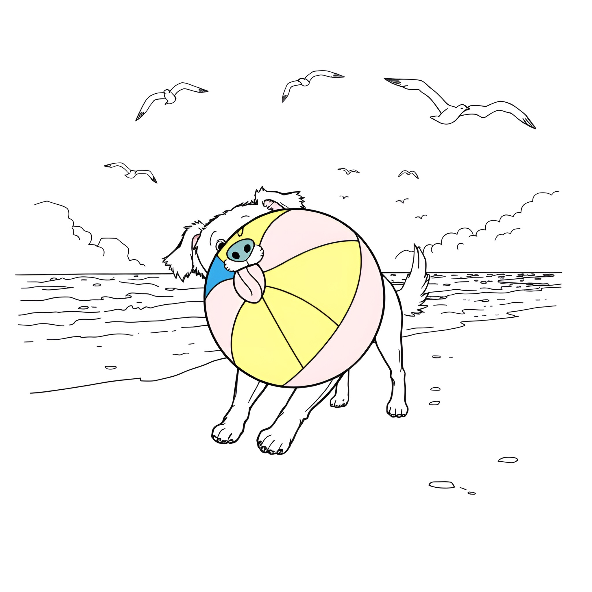 Dog playing with beach ball on the shore Coloring Page (free black-and-white line drawing printable PDF for all, from beginners to advanced learners, including children, teens, adults, and seniors)