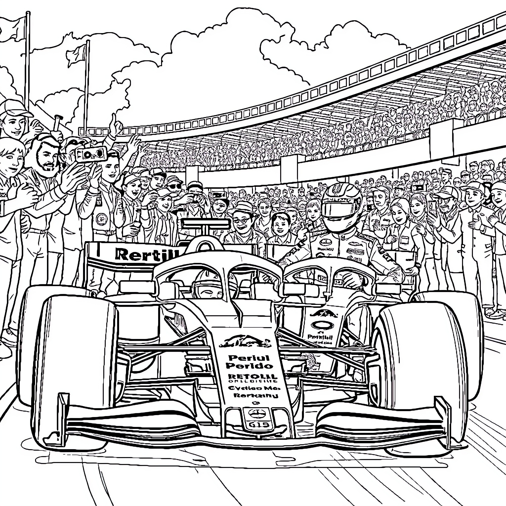 Verstappen Races Amidst Cheering Crowd in the Stadium Coloring Page (free black-and-white line drawing printable PDF for all, from beginners to advanced learners, including children, teens, adults, and seniors)