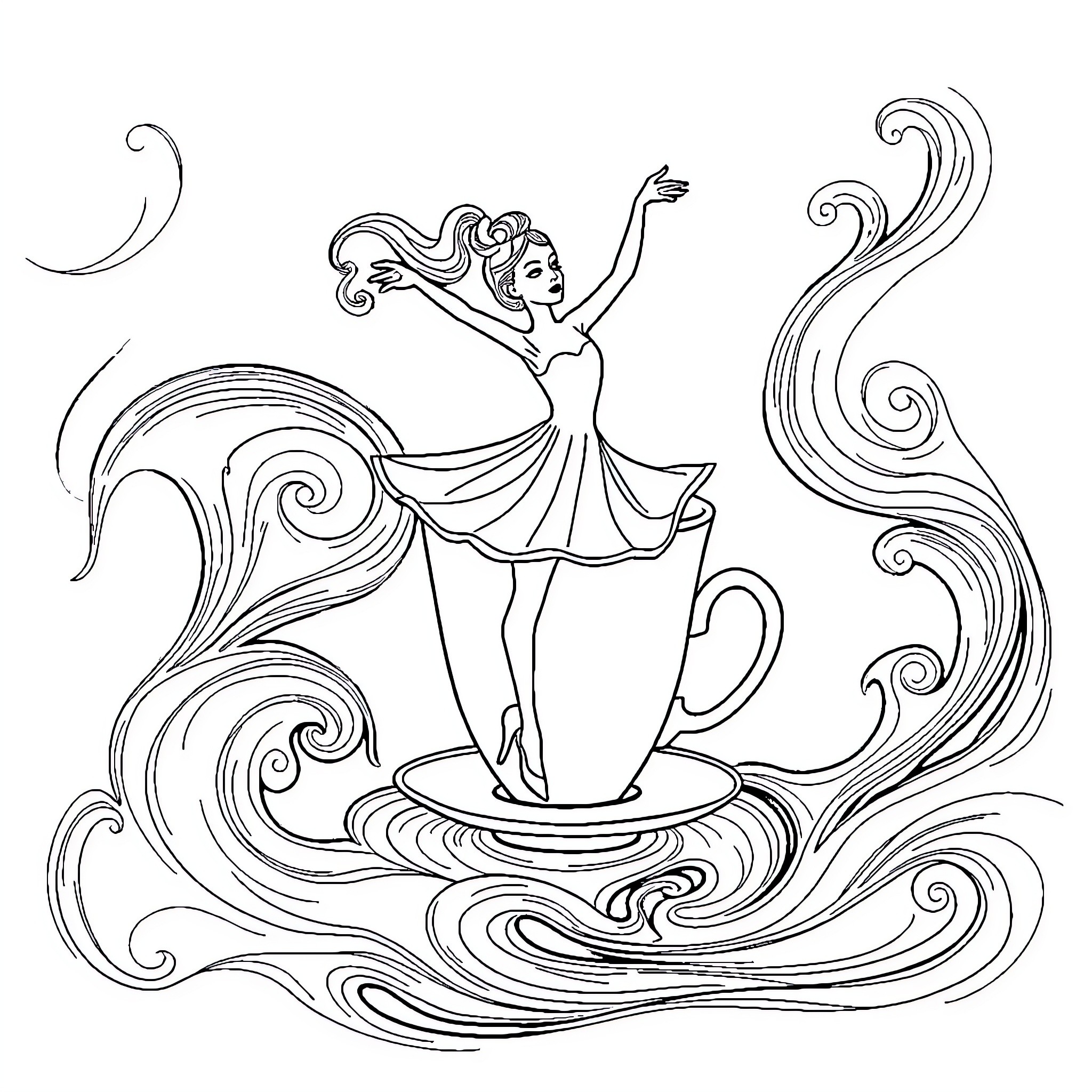 Ballerina dancing gracefully in a teacup Coloring Page (free black-and-white line drawing printable PDF for all, from beginners to advanced learners, including children, teens, adults, and seniors)
