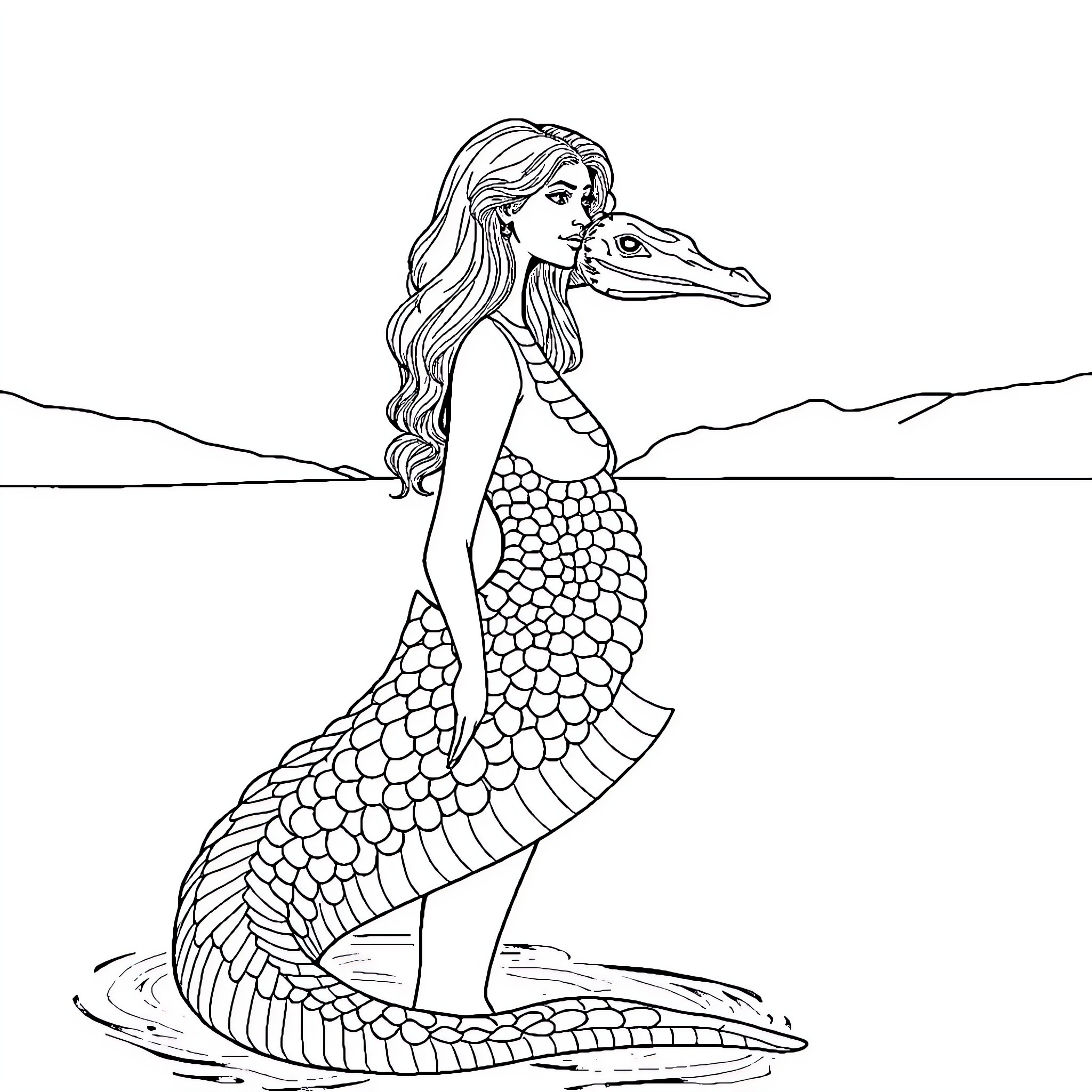 Loch Ness Monster Mermaid Encounter Coloring Page (free black-and-white line drawing printable PDF for all, from beginners to advanced learners, including children, teens, adults, and seniors)