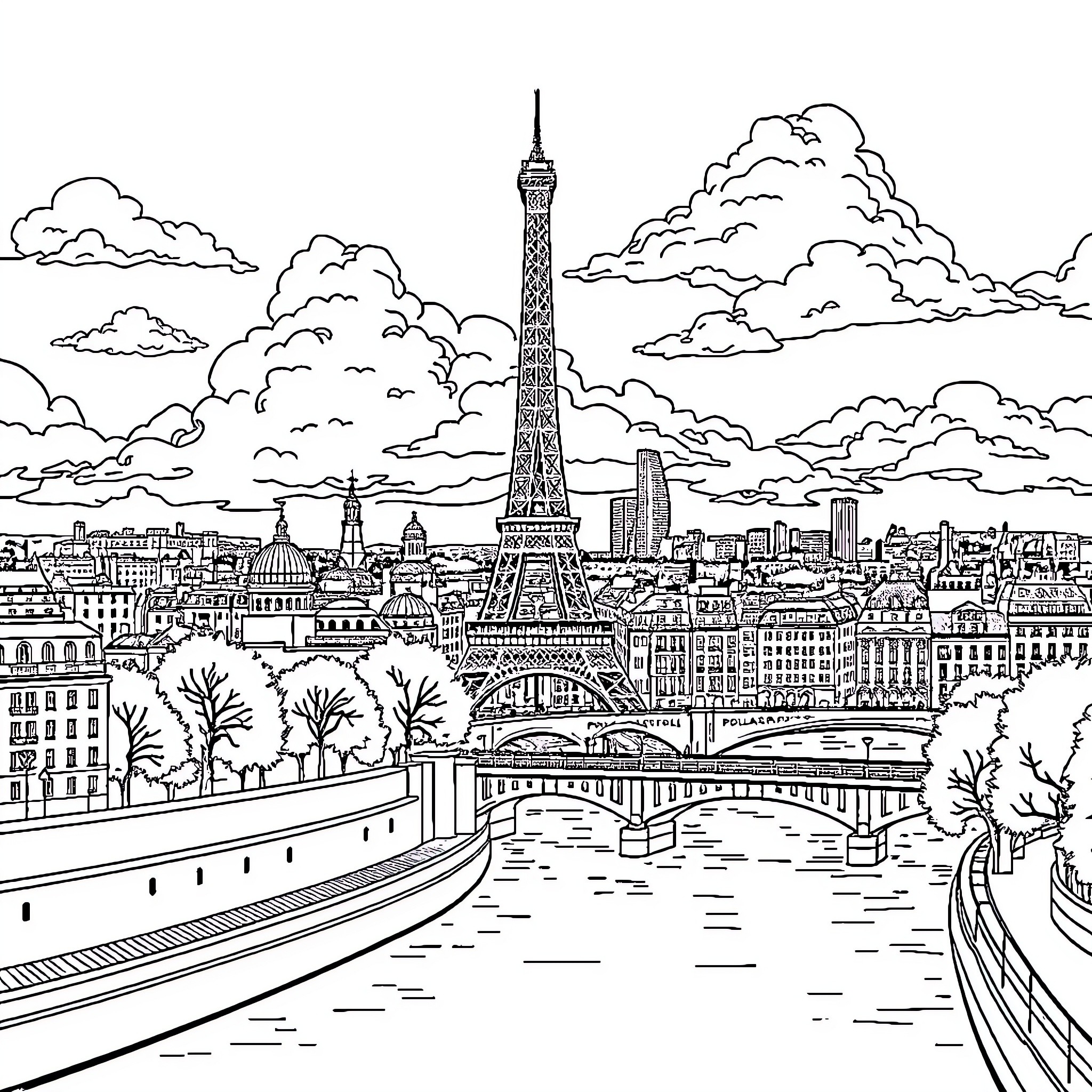 Paris skyline with iconic landmarks Coloring Page (free black-and-white line drawing printable PDF for all, from beginners to advanced learners, including children, teens, adults, and seniors)