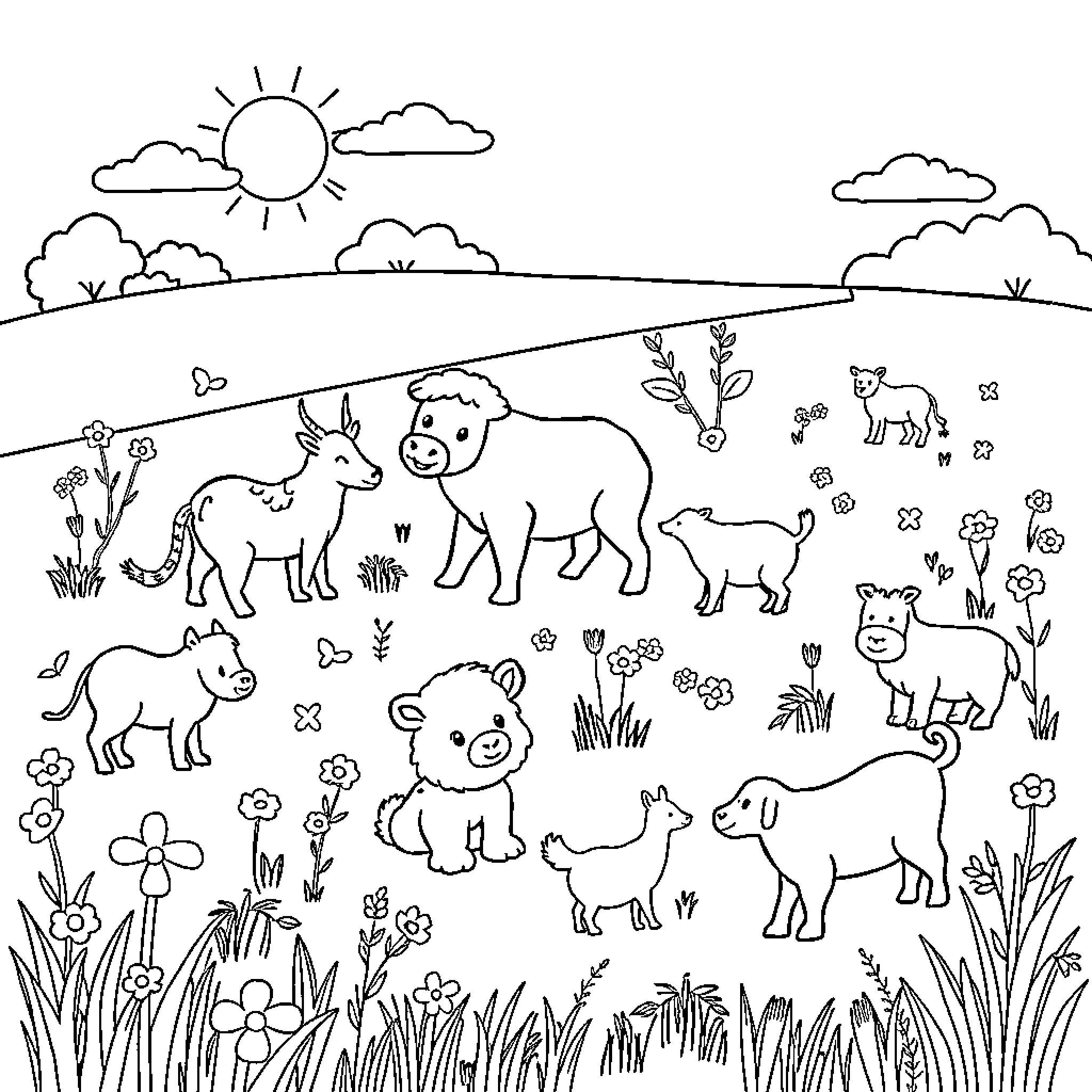 Animal Friends Playing in the Meadow Coloring Page (free black-and-white line drawing printable PDF for all, from beginners to advanced learners, including children, teens, adults, and seniors)
