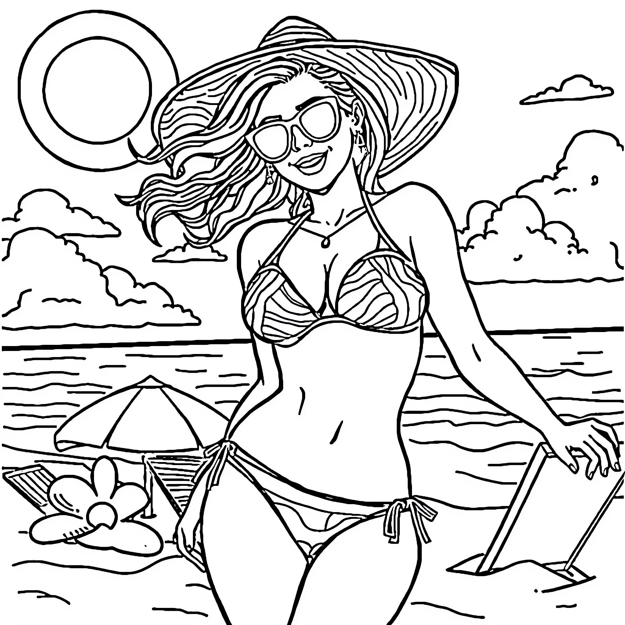 Lisa Ann enjoys a sunny day at the beach Coloring Page (free black-and-white line drawing printable PDF for all, from beginners to advanced learners, including children, teens, adults, and seniors)