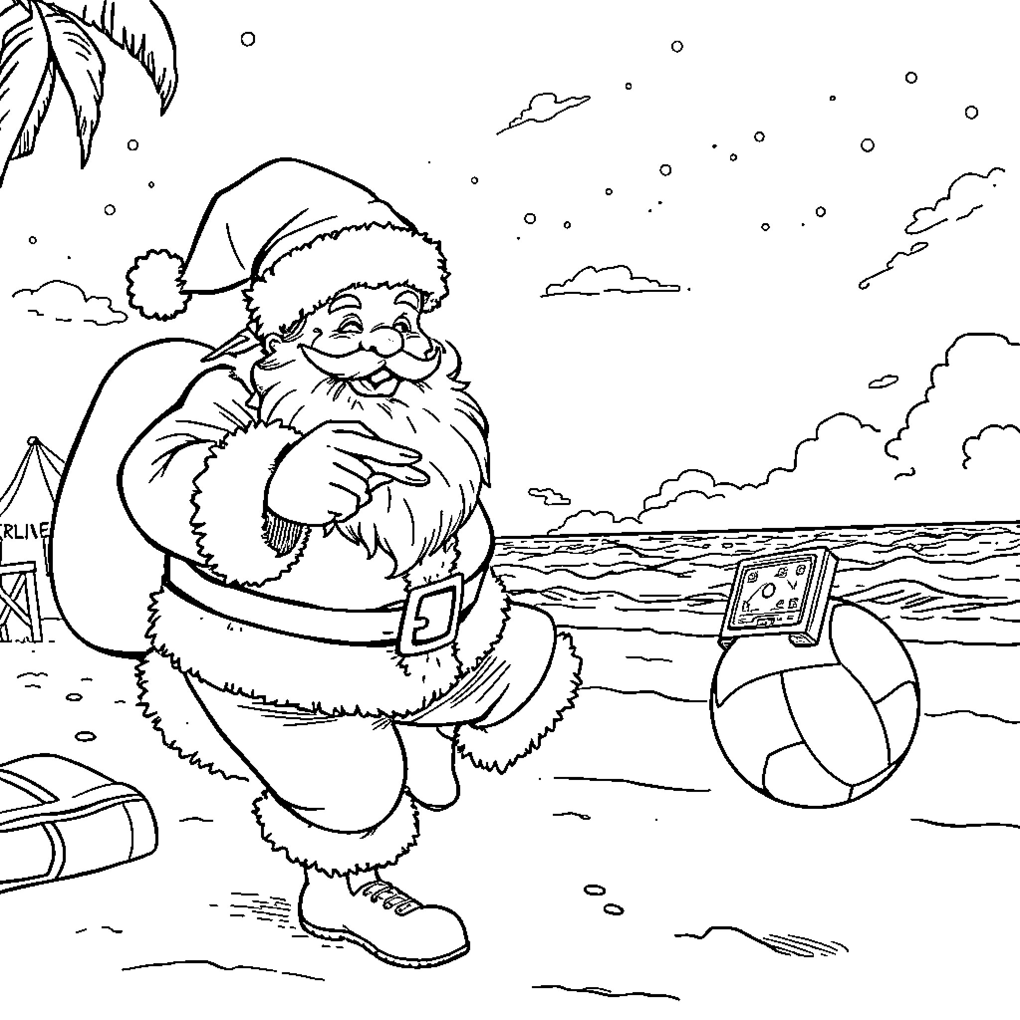 Santa Claus taking a selfie at the beach Coloring Page (free black-and-white line drawing printable PDF for all, from beginners to advanced learners, including children, teens, adults, and seniors)
