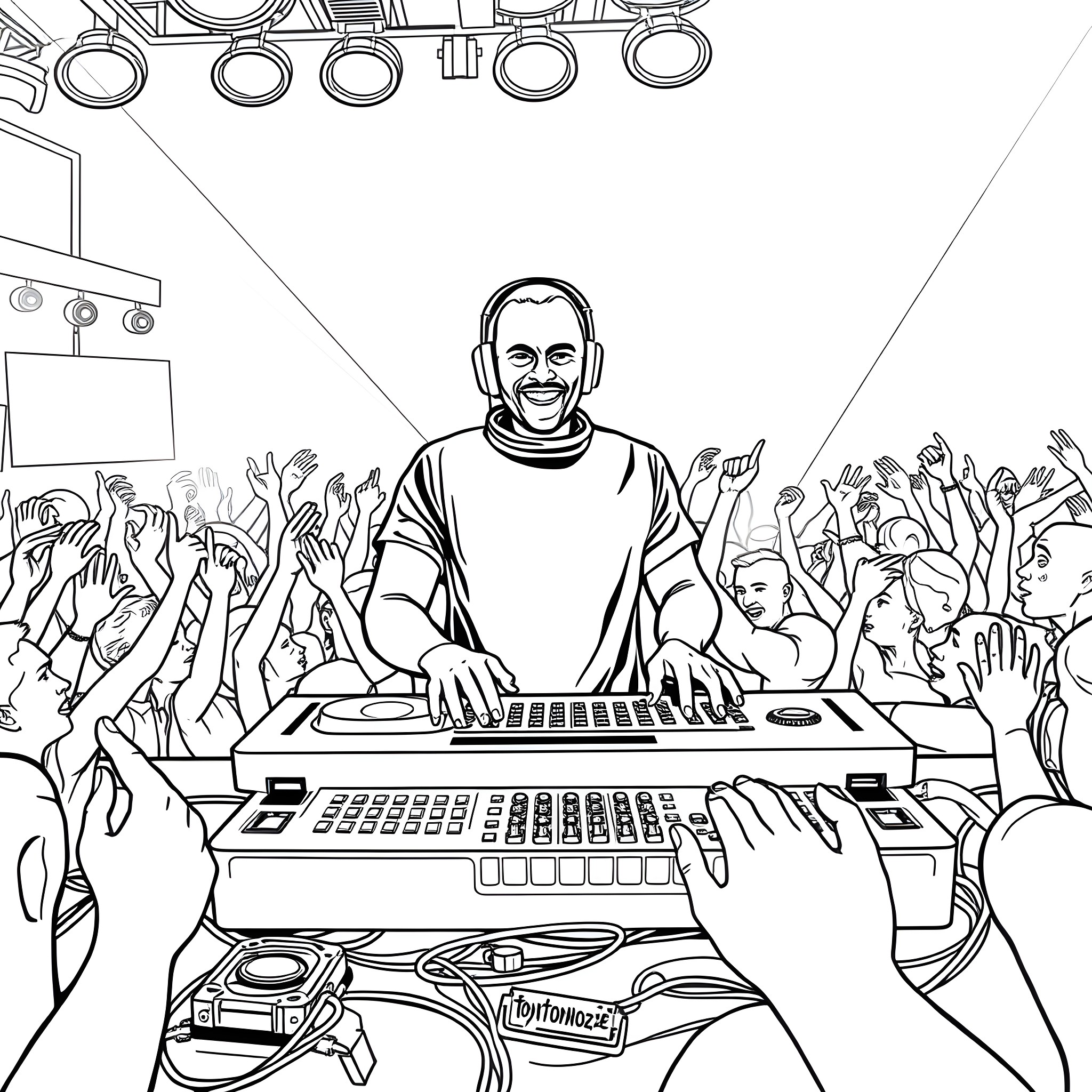 DJ Performing Energetic Set for Enthusiastic Crowd Coloring Page (free black-and-white line drawing printable PDF for all, from beginners to advanced learners, including children, teens, adults, and seniors)