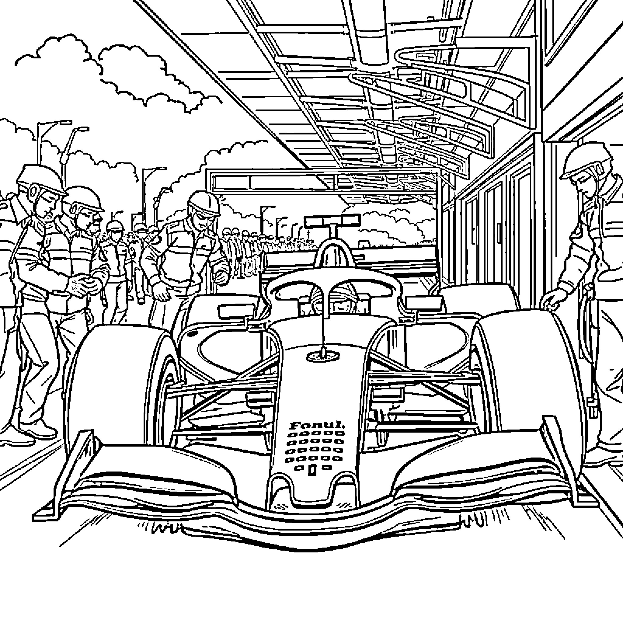 Formula 1 Pit Crew in Action Coloring Page (free black-and-white line drawing printable PDF for all, from beginners to advanced learners, including children, teens, adults, and seniors)