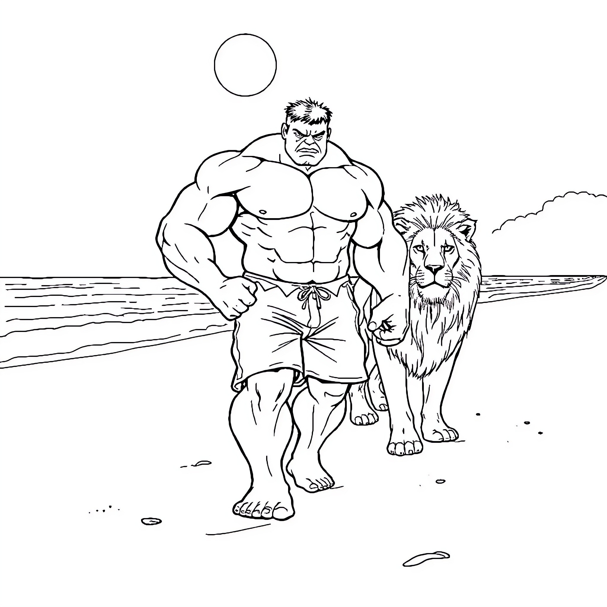 Hulk standing heroically with a mighty lion Coloring Page (free black-and-white line drawing printable PDF for all, from beginners to advanced learners, including children, teens, adults, and seniors)