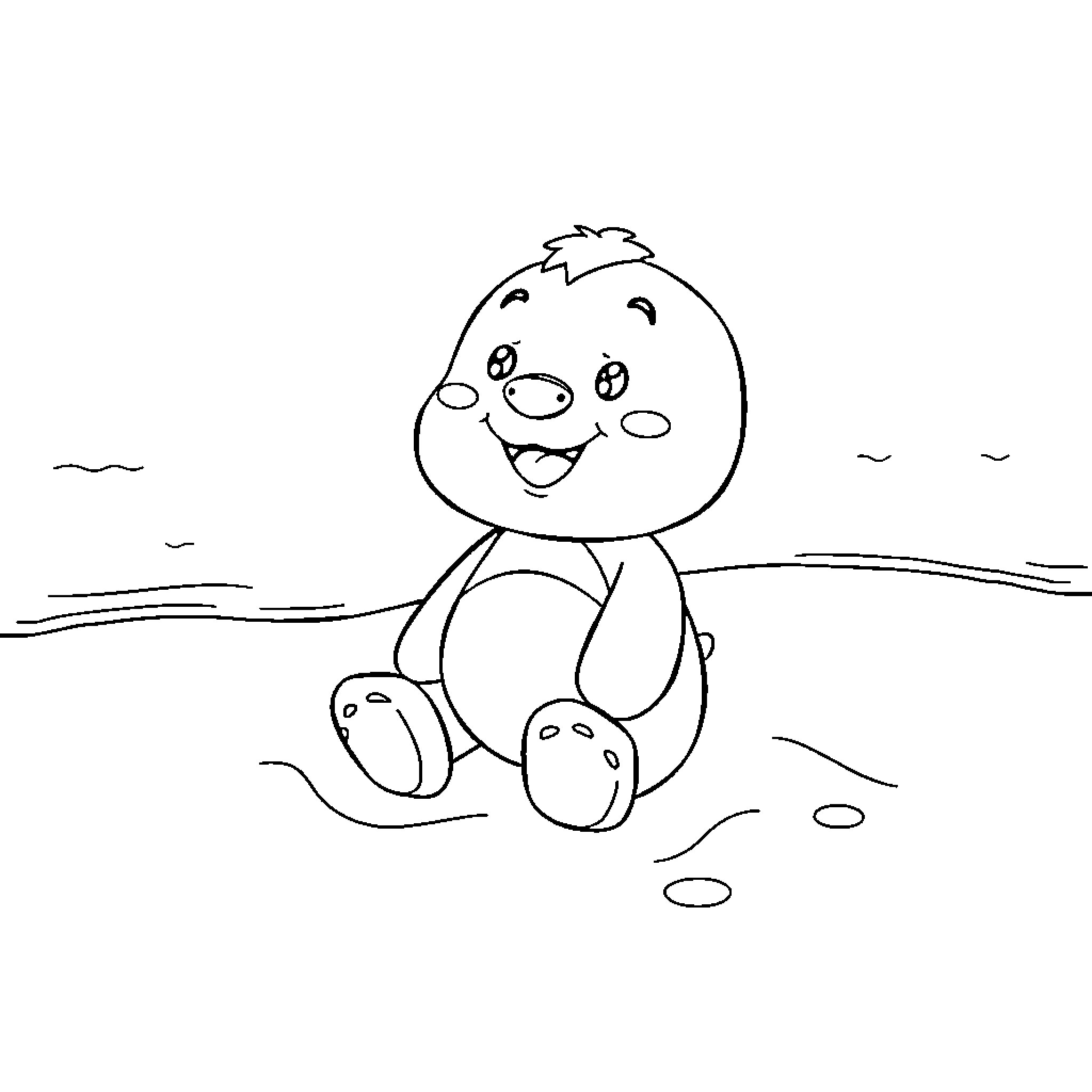 Plush doll playing happily in the sand Coloring Page (free black-and-white line drawing printable PDF for all, from beginners to advanced learners, including children, teens, adults, and seniors)