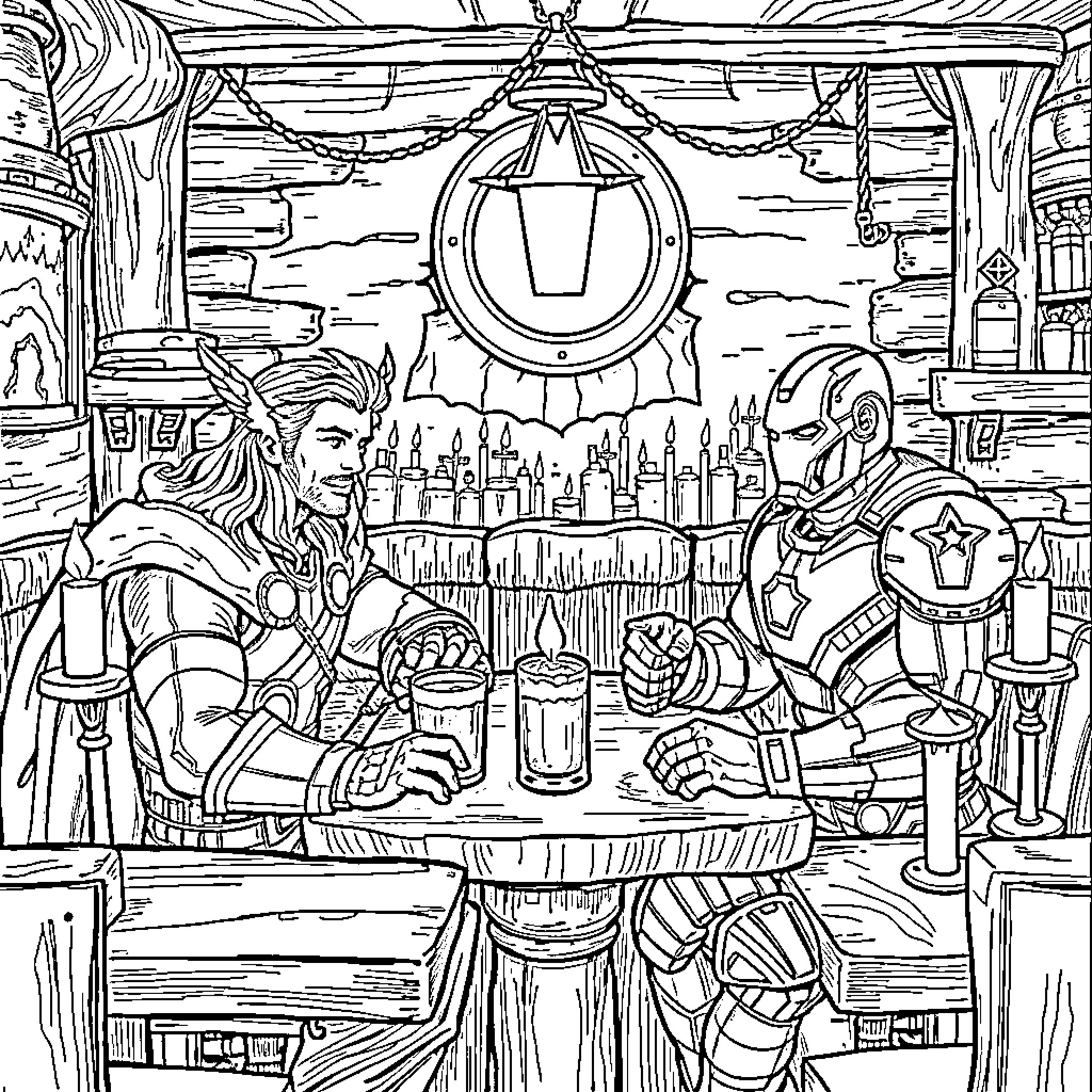 Thor's Clash with Iron Man in a Fantastical Tavern Coloring Page (free black-and-white line drawing printable PDF for all, from beginners to advanced learners, including children, teens, adults, and seniors)