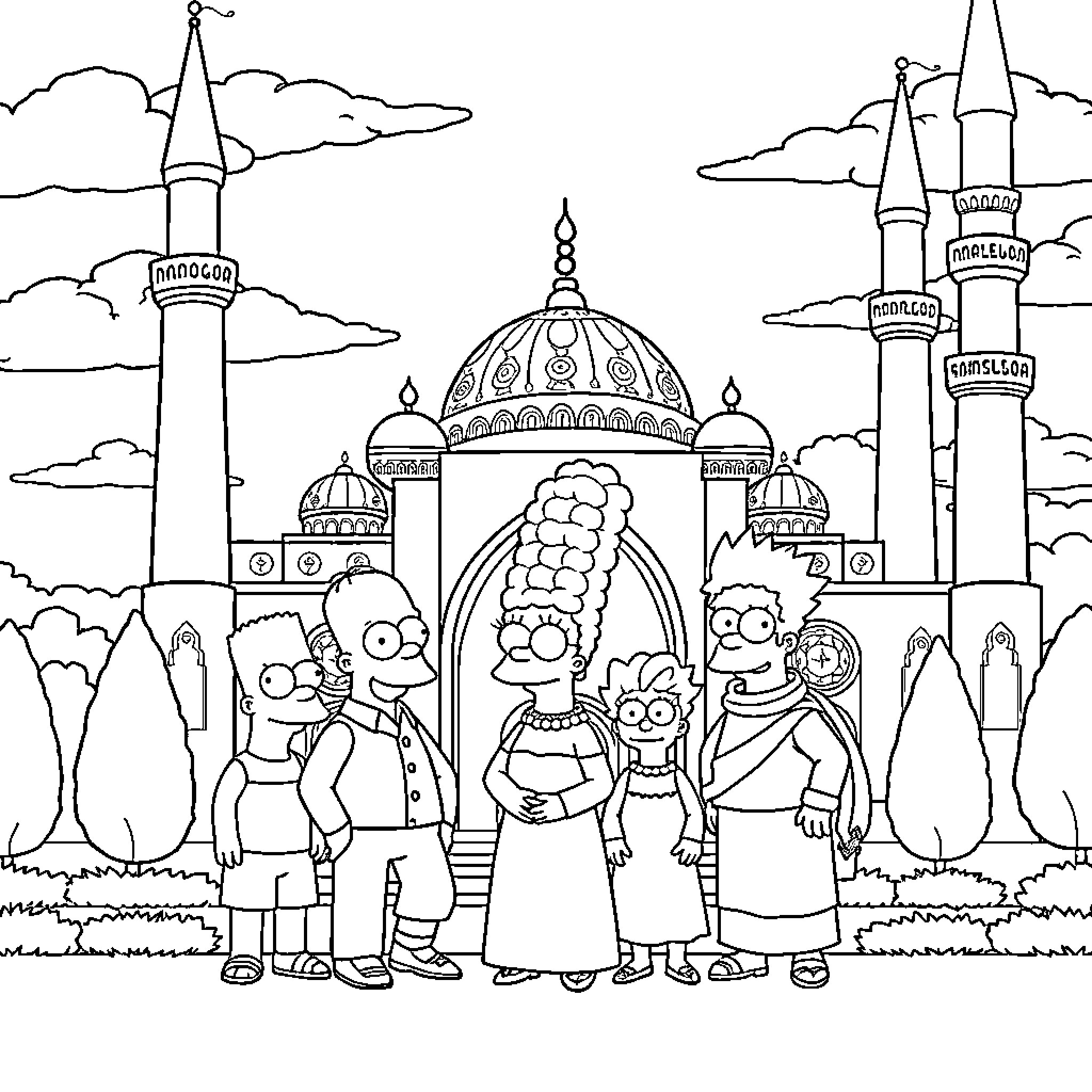 Simpsons family visiting ornate domed temple Coloring Page (free black-and-white line drawing printable PDF for all, from beginners to advanced learners, including children, teens, adults, and seniors)