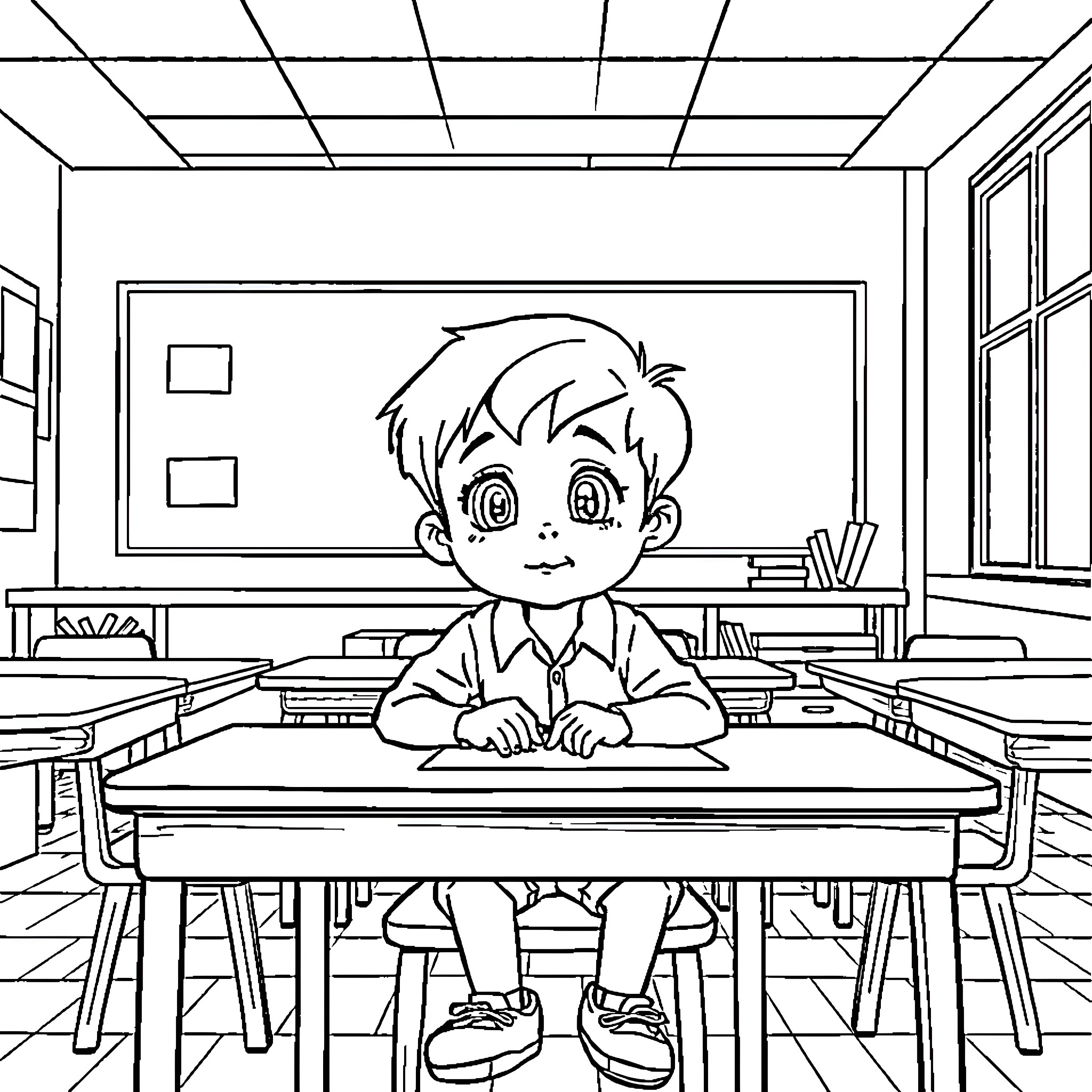 Kid diligently working at desk in classroom Coloring Page (free black-and-white line drawing printable PDF for all, from beginners to advanced learners, including children, teens, adults, and seniors)