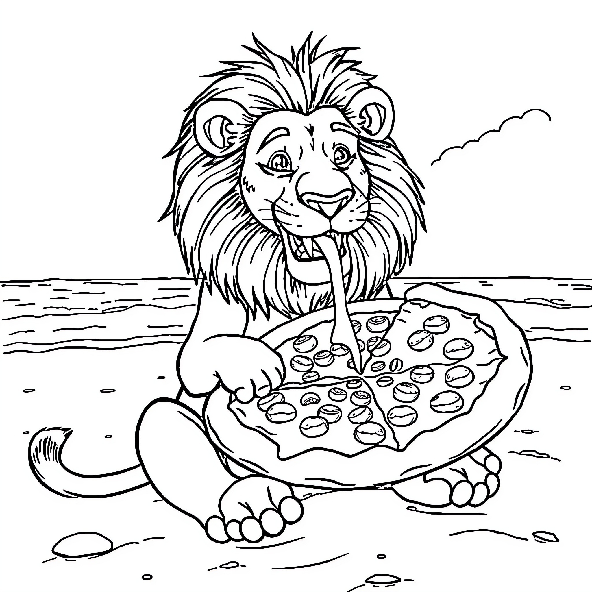 Lion enjoying a tasty meal on the beach Coloring Page (free black-and-white line drawing printable PDF for all, from beginners to advanced learners, including children, teens, adults, and seniors)