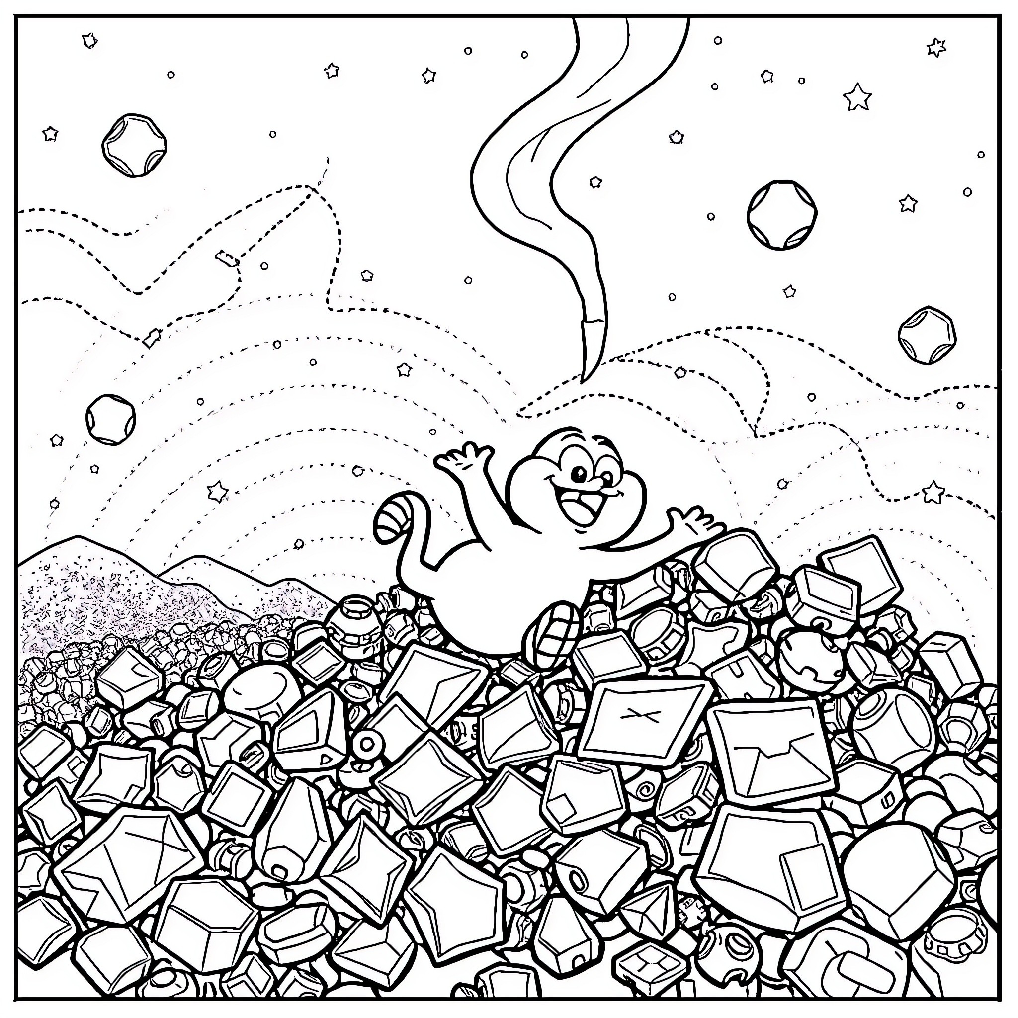 Scrooge McDuck swimming happily in a pile of treasure Coloring Page (free black-and-white line drawing printable PDF for all, from beginners to advanced learners, including children, teens, adults, and seniors)