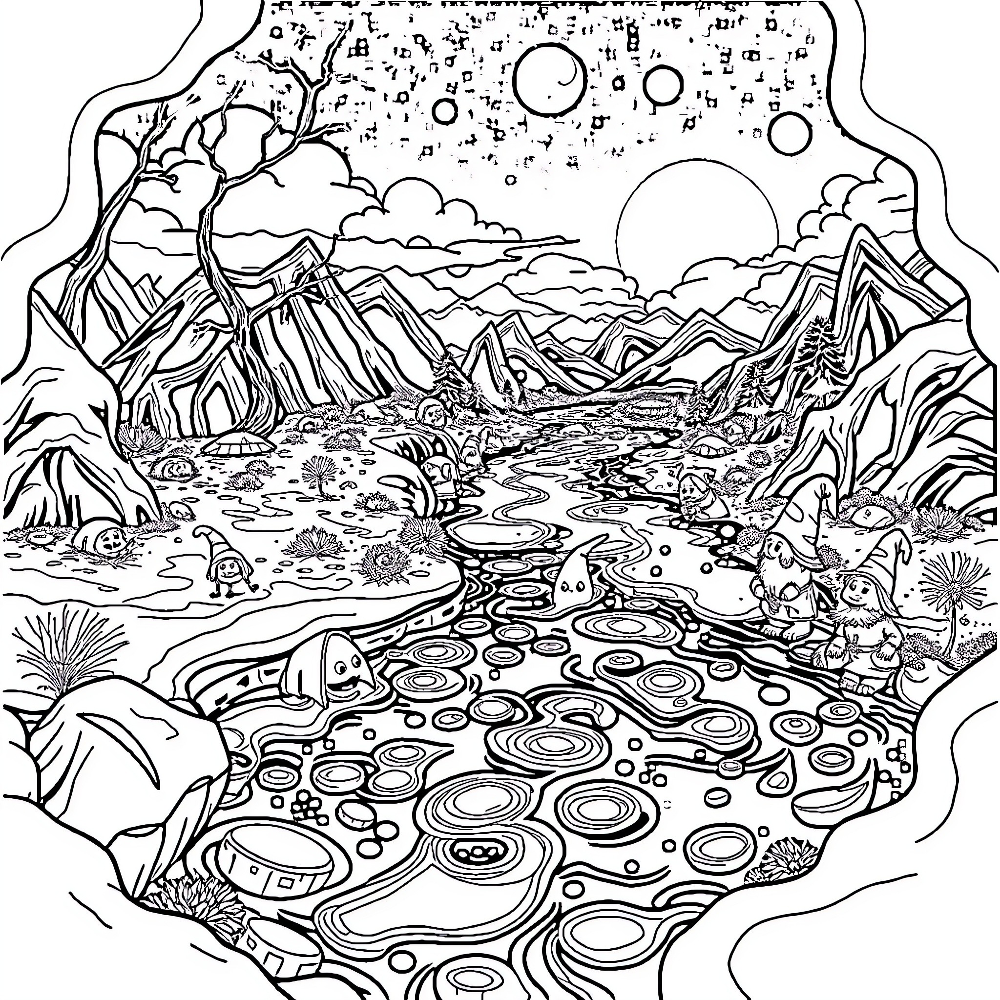 Gnome Adventuring in Magical Landscape Coloring Page (free black-and-white line drawing printable PDF for all, from beginners to advanced learners, including children, teens, adults, and seniors)