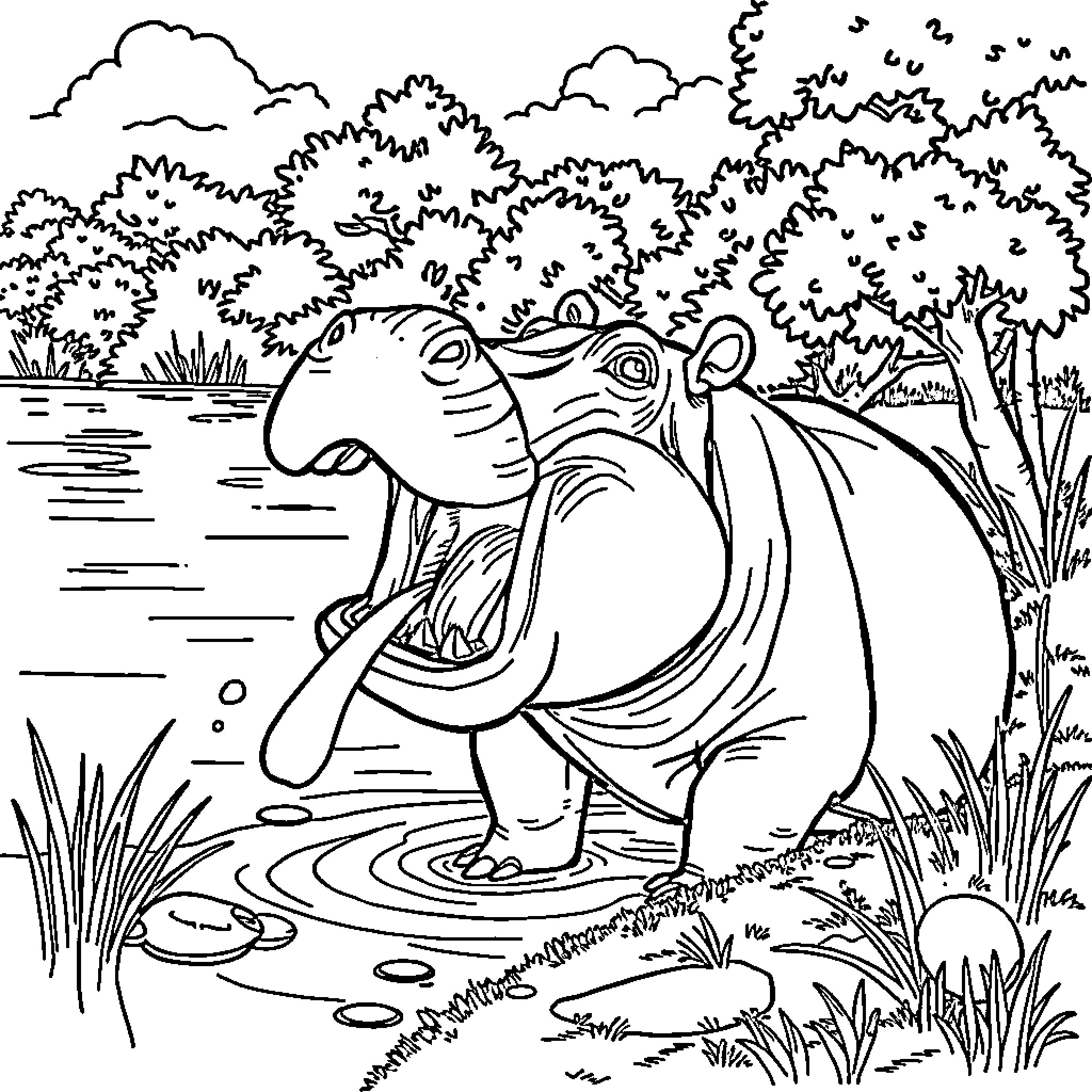 Hippopotamus Enjoying a Refreshing Dip in the Pond Coloring Page (free black-and-white line drawing printable PDF for all, from beginners to advanced learners, including children, teens, adults, and seniors)