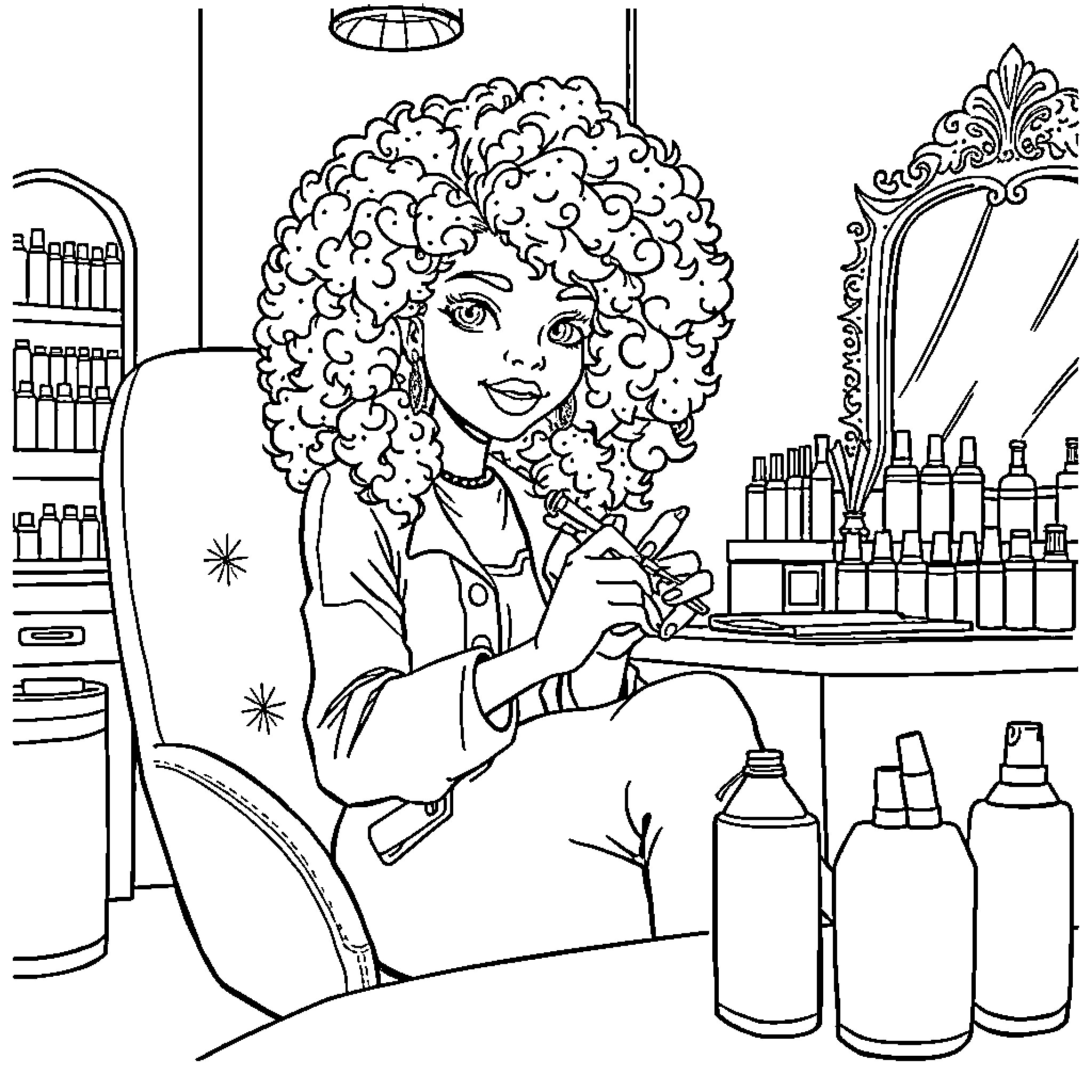 Girl with Curly Hair in a Beauty Salon Coloring Page (free black-and-white line drawing printable PDF for all, from beginners to advanced learners, including children, teens, adults, and seniors)