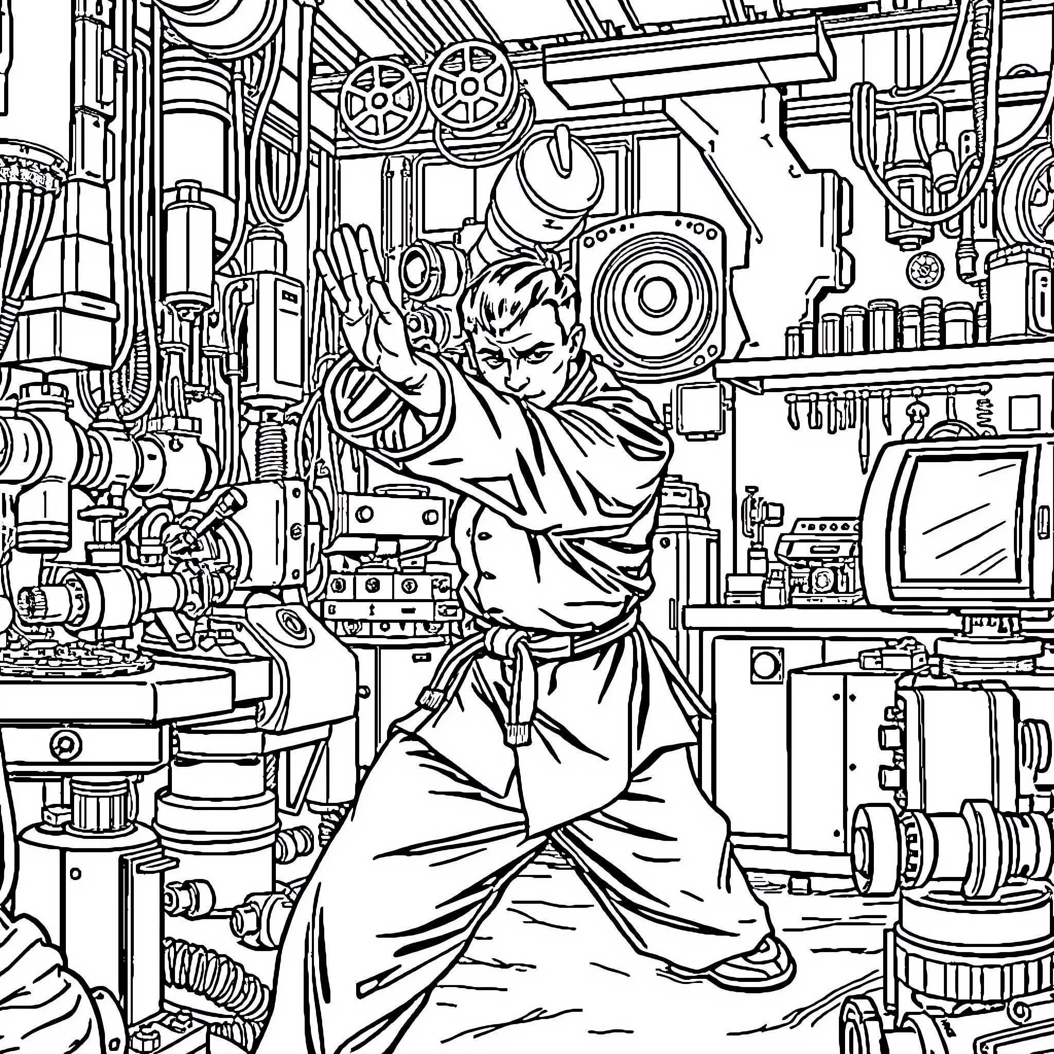 Kung Fu Master Battles Mechanical Foes in Futuristic Workshop Coloring Page (free black-and-white line drawing printable PDF for all, from beginners to advanced learners, including children, teens, adults, and seniors)