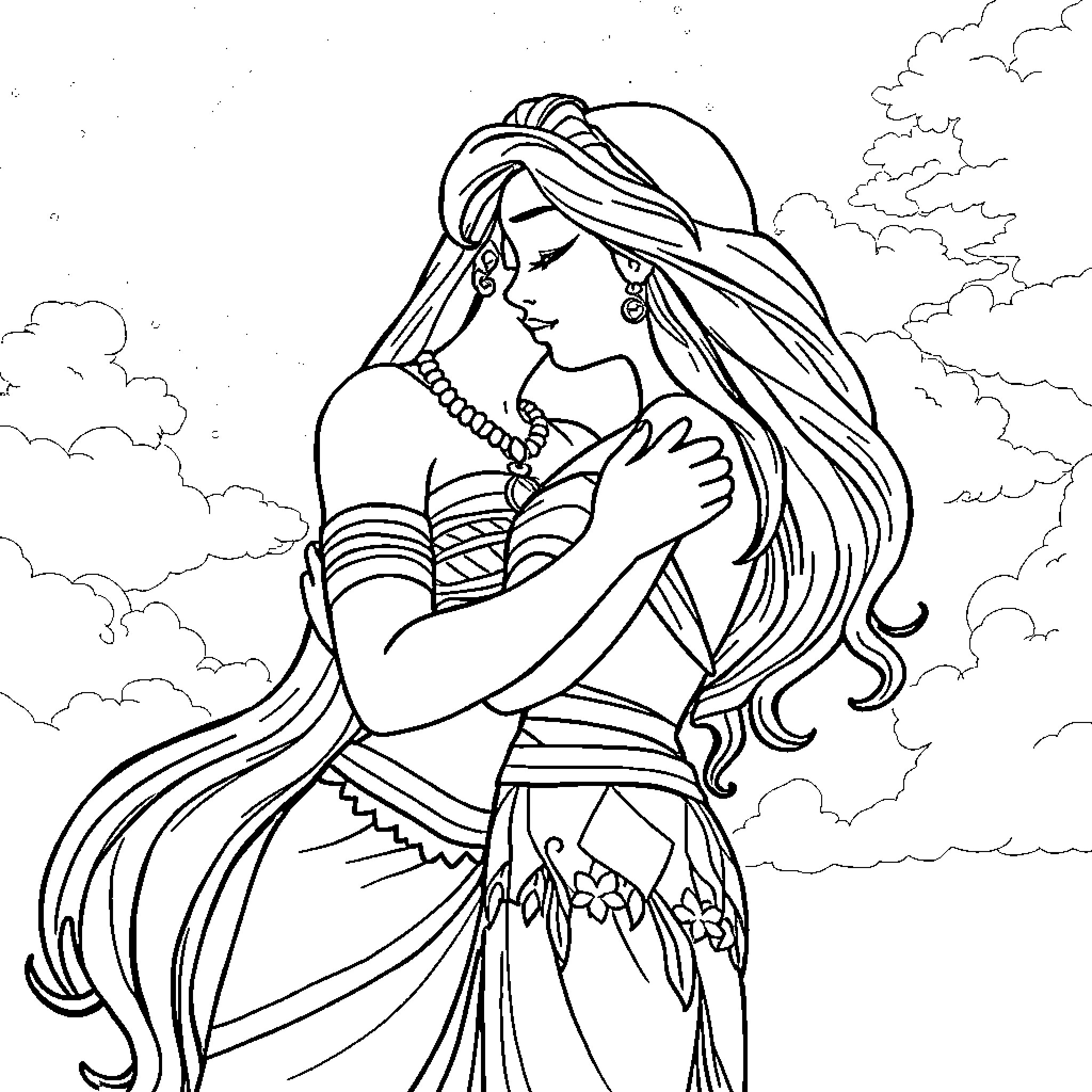 Princess in Elegant Dress Admiring the Cloudy Sky Coloring Page (free black-and-white line drawing printable PDF for all, from beginners to advanced learners, including children, teens, adults, and seniors)