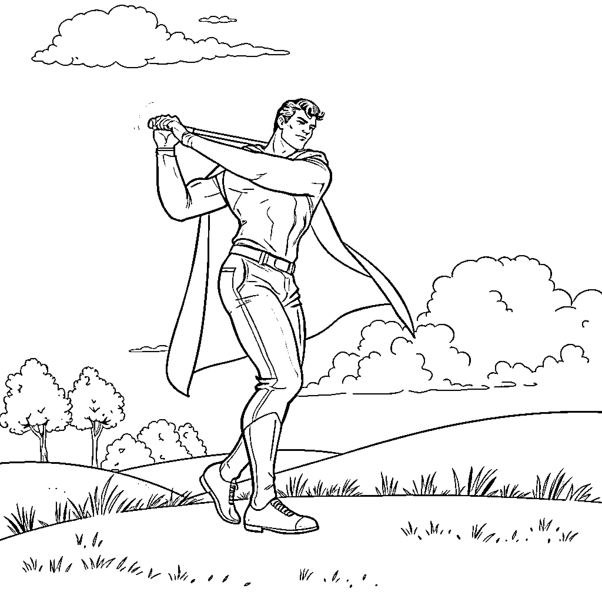 Superman in heroic pose against cloudy sky Coloring Page (free black-and-white line drawing printable PDF for all, from beginners to advanced learners, including children, teens, adults, and seniors)