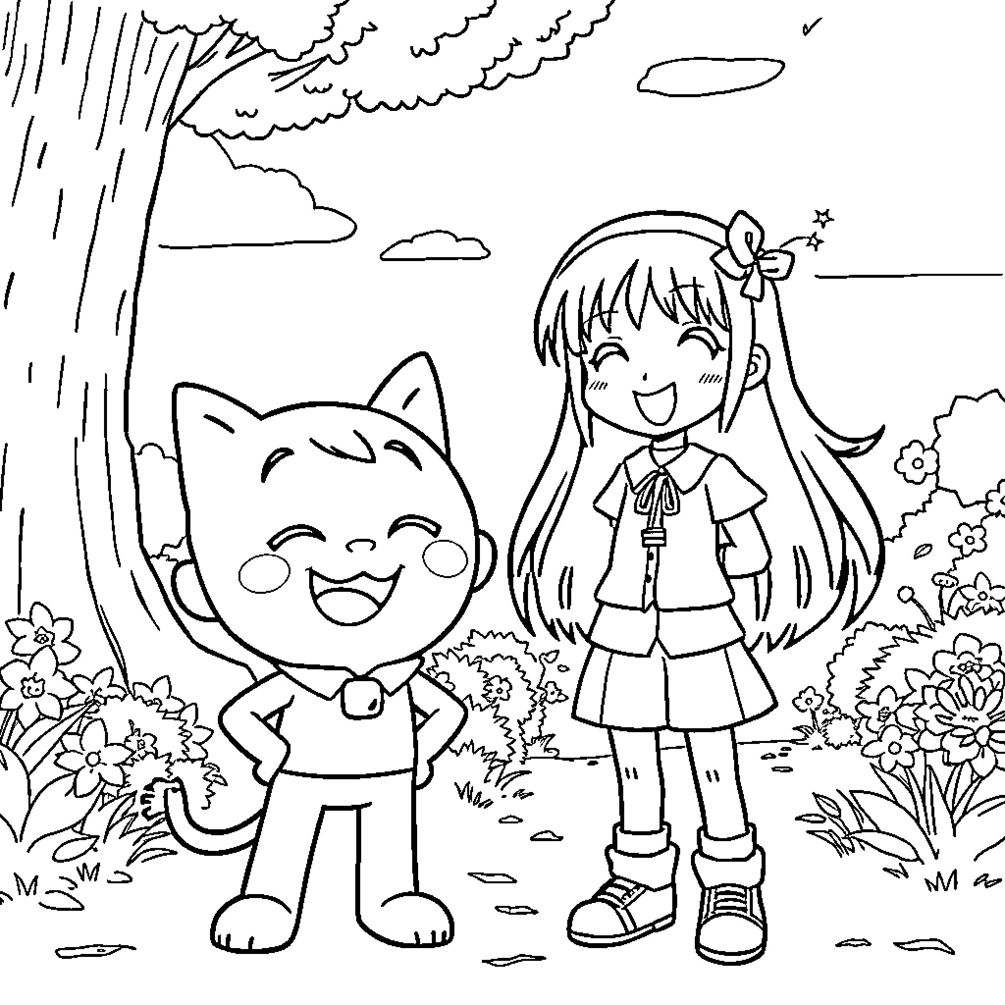 Gumball and a Cheerful Girl in the Outdoors Coloring Page (free black-and-white line drawing printable PDF for all, from beginners to advanced learners, including children, teens, adults, and seniors)