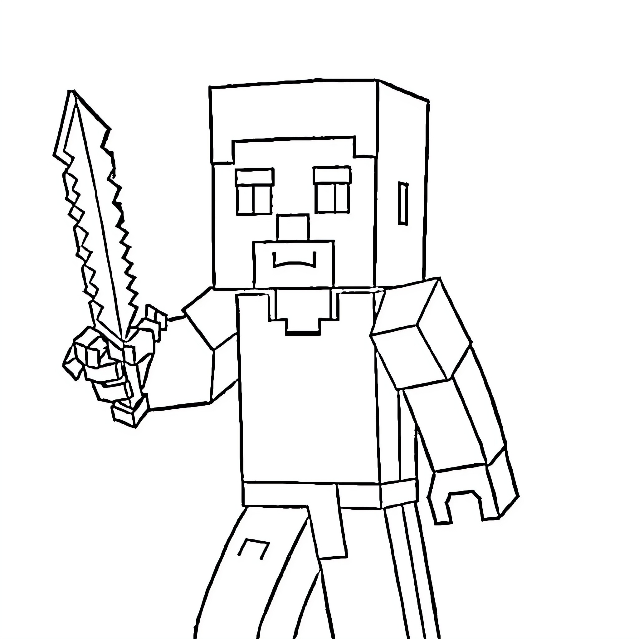Steve holding a sword with a blocky character design Coloring Page (free black-and-white line drawing printable PDF for all, from beginners to advanced learners, including children, teens, adults, and seniors)