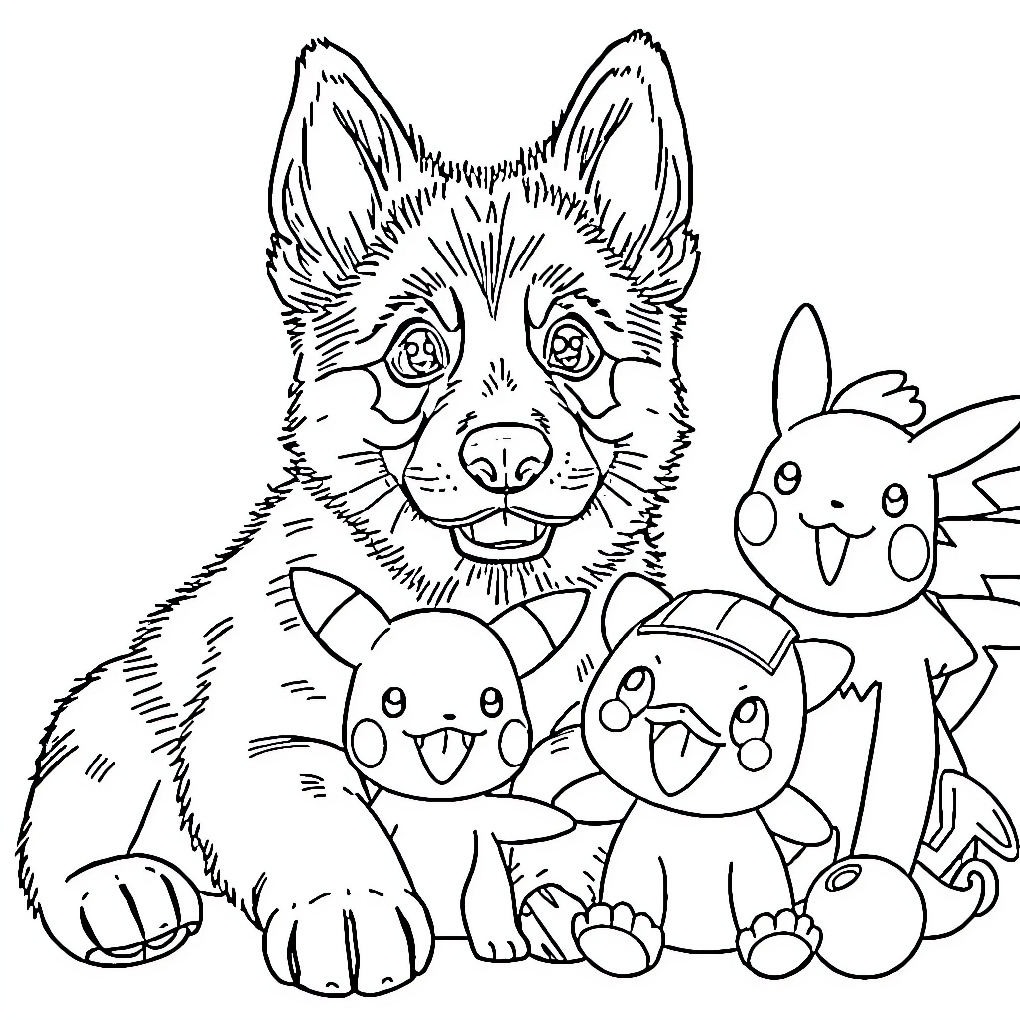 Pokémon characters in a playful scene Coloring Page (free black-and-white line drawing printable PDF for all, from beginners to advanced learners, including children, teens, adults, and seniors)
