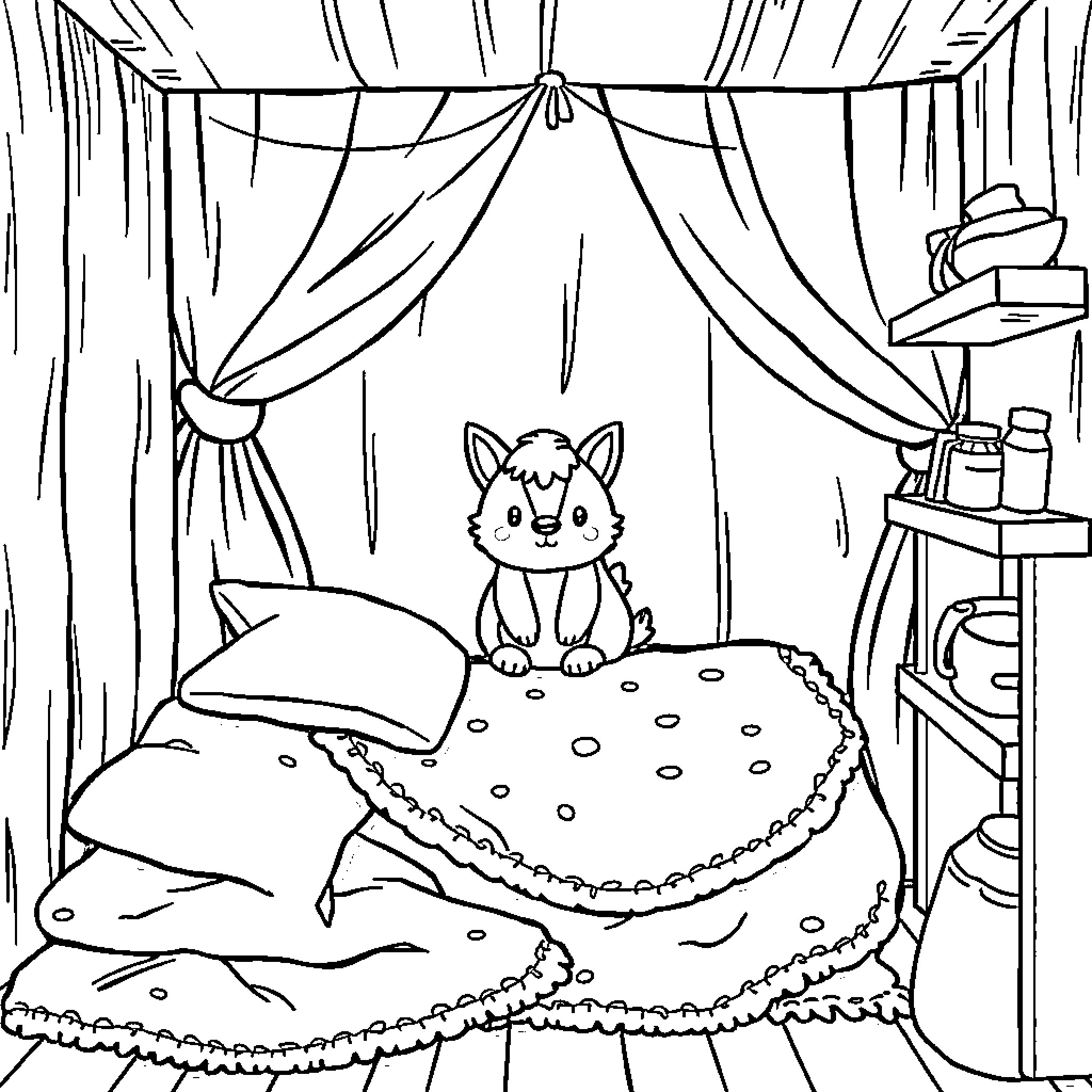 Animal sleeping comfortably on a cozy bed Coloring Page (free black-and-white line drawing printable PDF for all, from beginners to advanced learners, including children, teens, adults, and seniors)