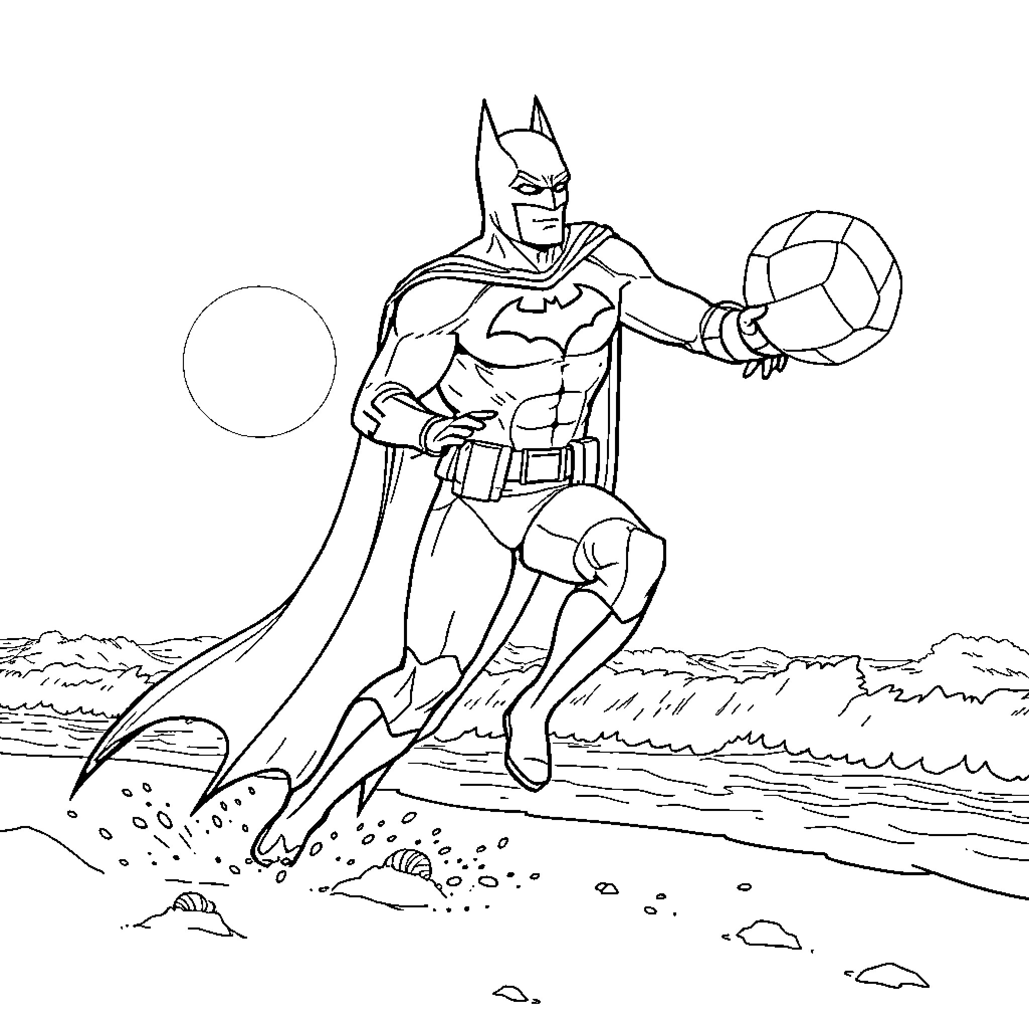 Batman unleashing his power on the beach Coloring Page (free black-and-white line drawing printable PDF for all, from beginners to advanced learners, including children, teens, adults, and seniors)