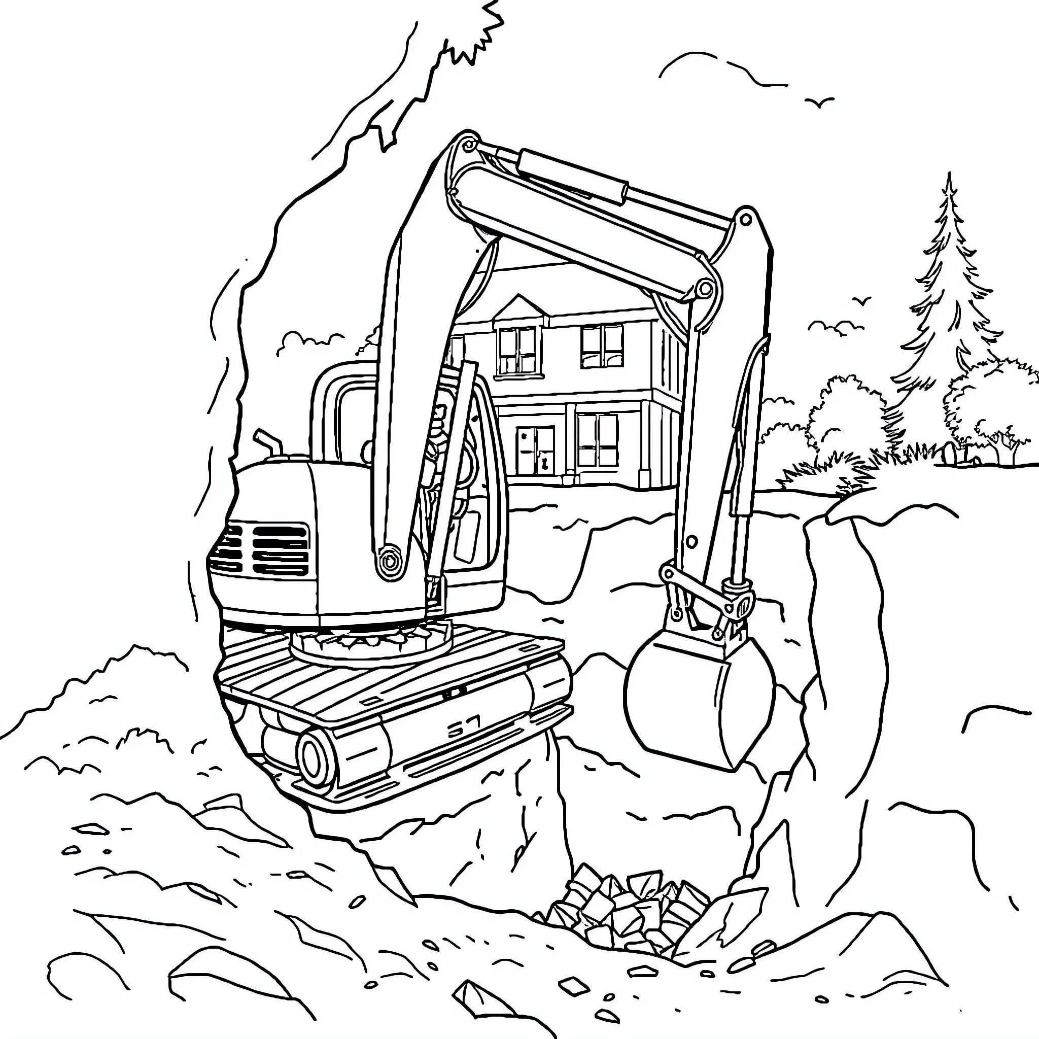 Man operating excavator near house in nature Coloring Page (free black-and-white line drawing printable PDF for all, from beginners to advanced learners, including children, teens, adults, and seniors)