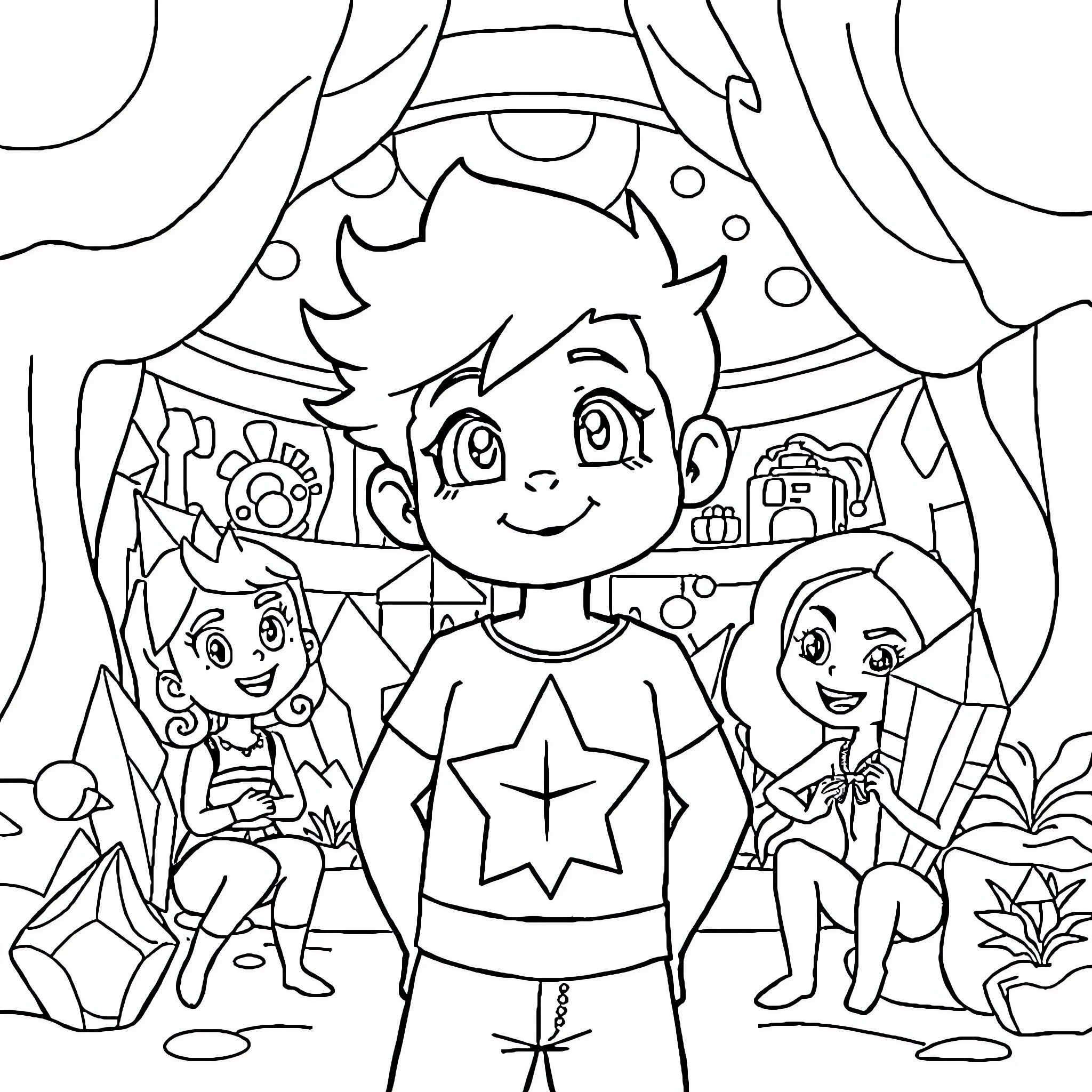 Steven Universe's Whimsical Adventure Coloring Page (free black-and-white line drawing printable PDF for all, from beginners to advanced learners, including children, teens, adults, and seniors)