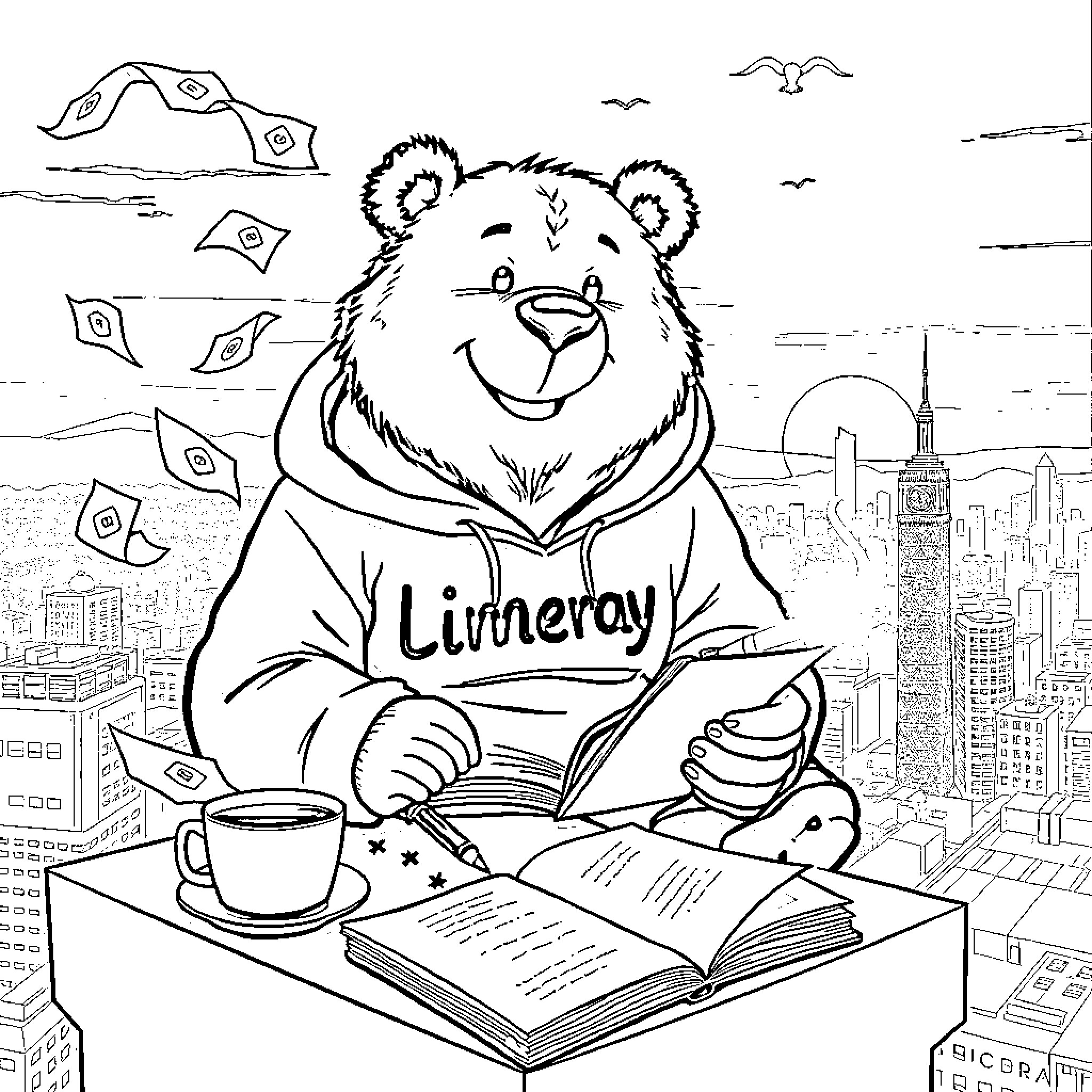 Bear reading books in the city Coloring Page (free black-and-white line drawing printable PDF for all, from beginners to advanced learners, including children, teens, adults, and seniors)