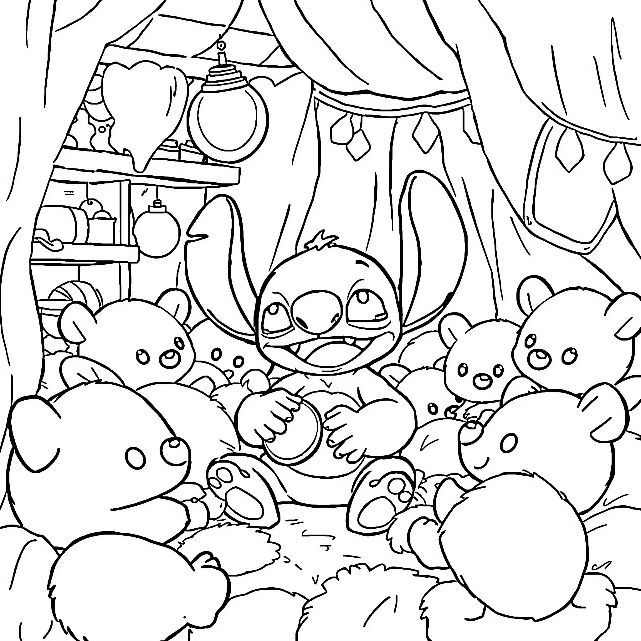 Stitch surrounded by cute furry creatures in cozy setting Coloring Page (free black-and-white line drawing printable PDF for all, from beginners to advanced learners, including children, teens, adults, and seniors)