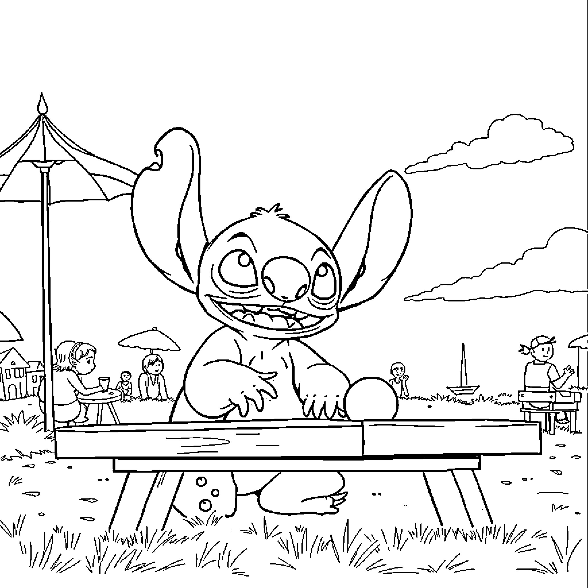 Stitch relaxing on a bench with friends Coloring Page (free black-and-white line drawing printable PDF for all, from beginners to advanced learners, including children, teens, adults, and seniors)