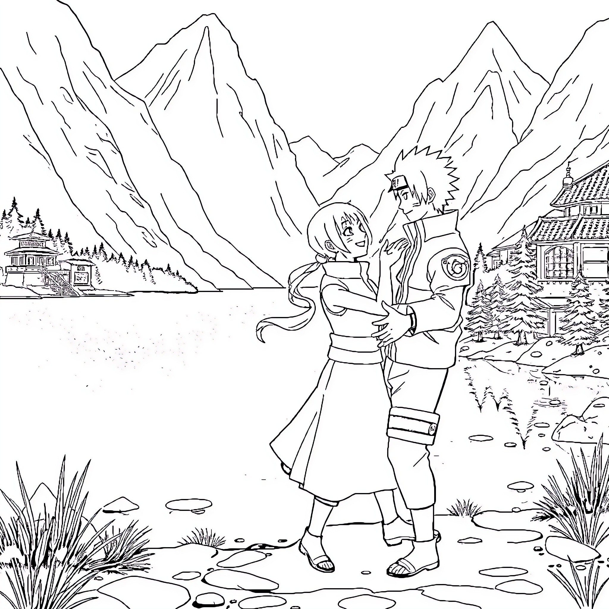 Naruto characters embracing in a scenic mountain landscape Coloring Page (free black-and-white line drawing printable PDF for all, from beginners to advanced learners, including children, teens, adults, and seniors)
