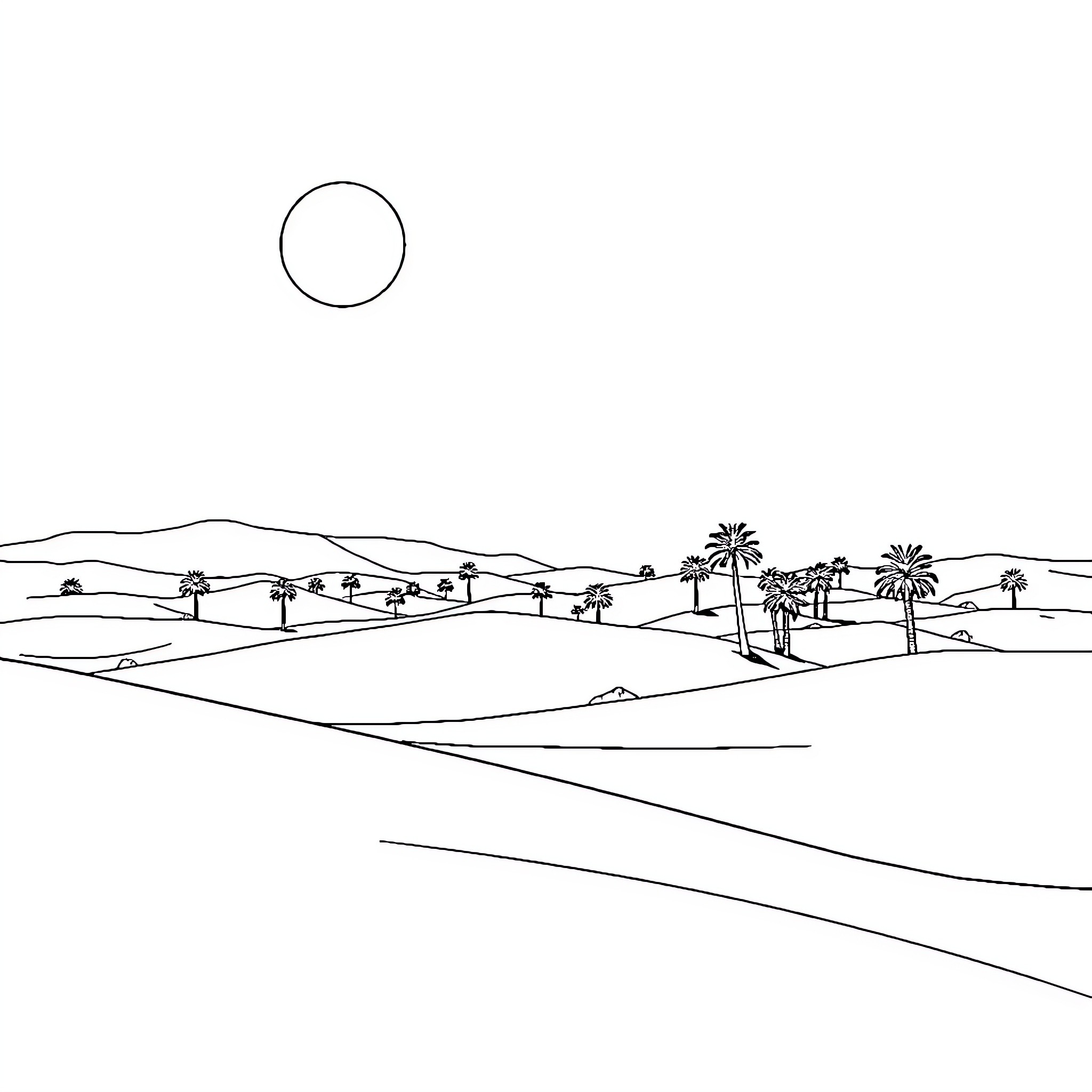 Landscape with desert scenery and palm trees Coloring Page (free black-and-white line drawing printable PDF for all, from beginners to advanced learners, including children, teens, adults, and seniors)