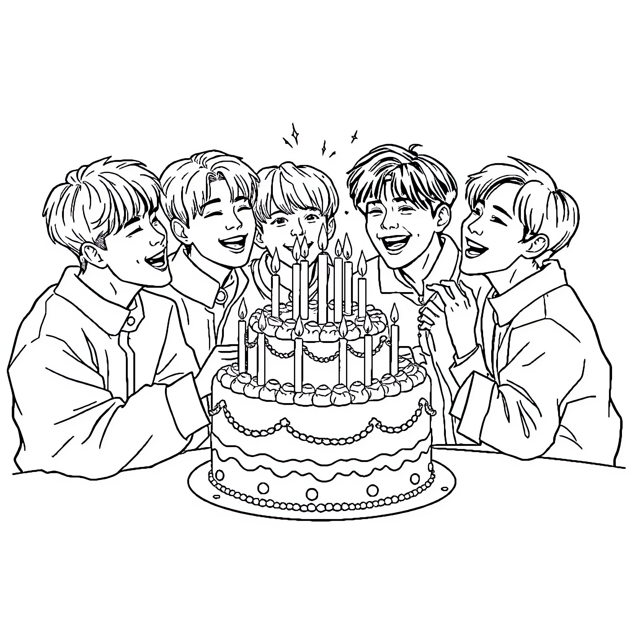 Kpop Stars Celebrating Birthday with Cake Coloring Page (free black-and-white line drawing printable PDF for all, from beginners to advanced learners, including children, teens, adults, and seniors)