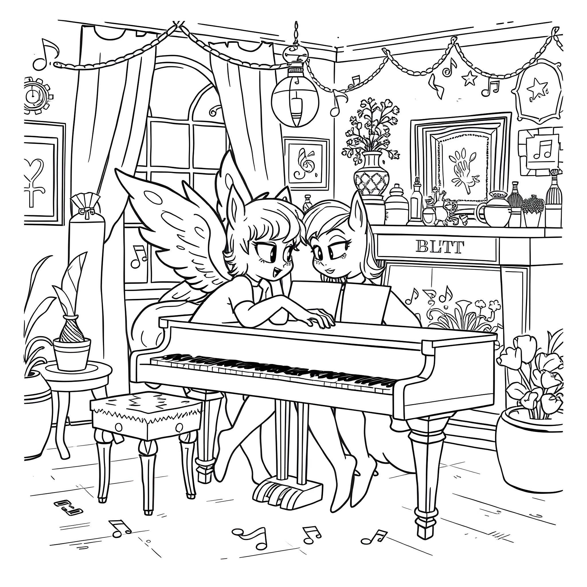 Angel Musicians Playing Piano in Cozy Room Coloring Page (free black-and-white line drawing printable PDF for all, from beginners to advanced learners, including children, teens, adults, and seniors)