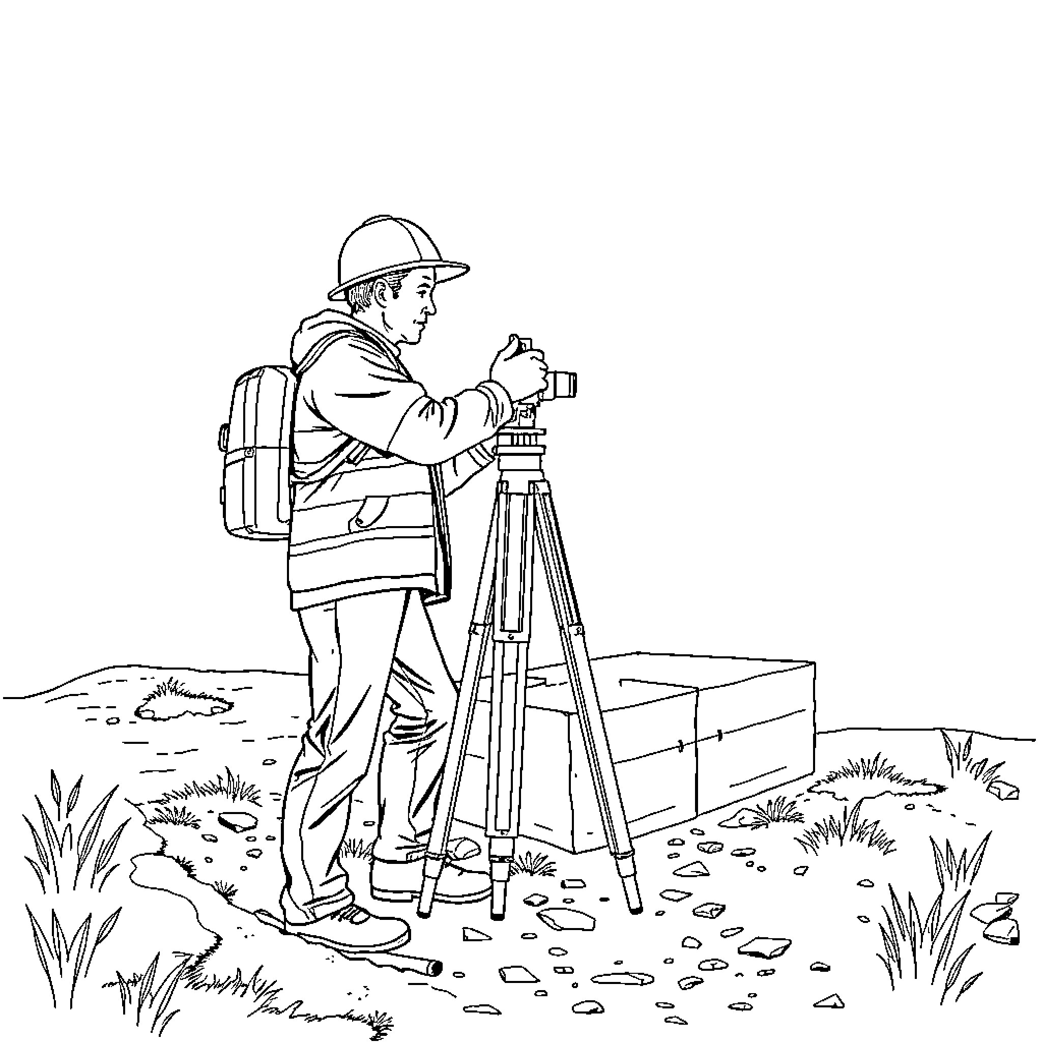 Topographer surveying the land with equipment Coloring Page (free black-and-white line drawing printable PDF for all, from beginners to advanced learners, including children, teens, adults, and seniors)